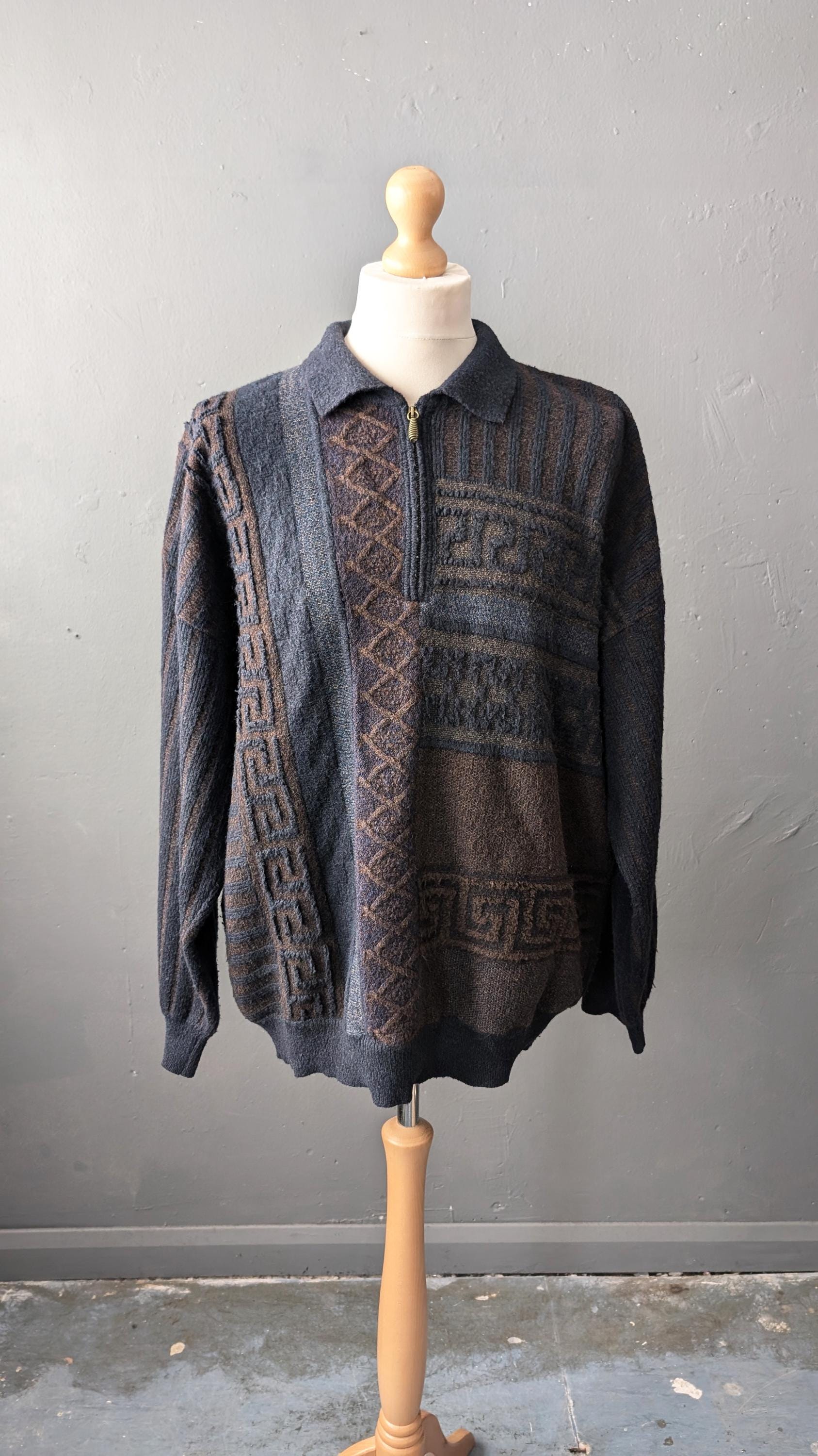 Mens 90s Wool Blend Jumper by Bueckle, Vertical Striped Zip Neck, Size Medium Large