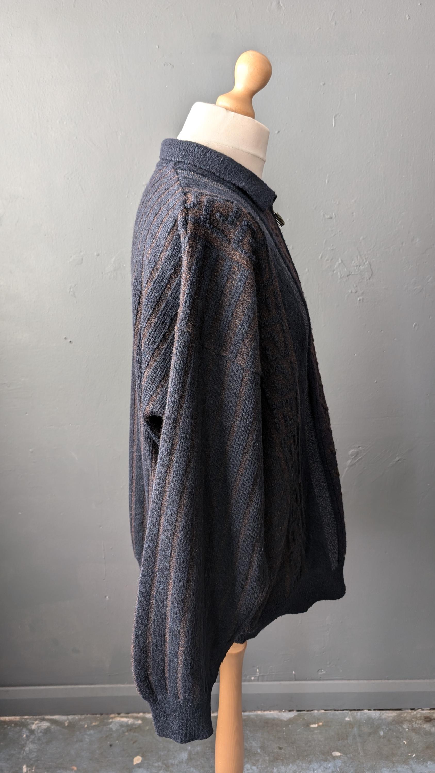 Mens 90s Wool Blend Jumper by Bueckle, Vertical Striped Zip Neck, Size Medium Large