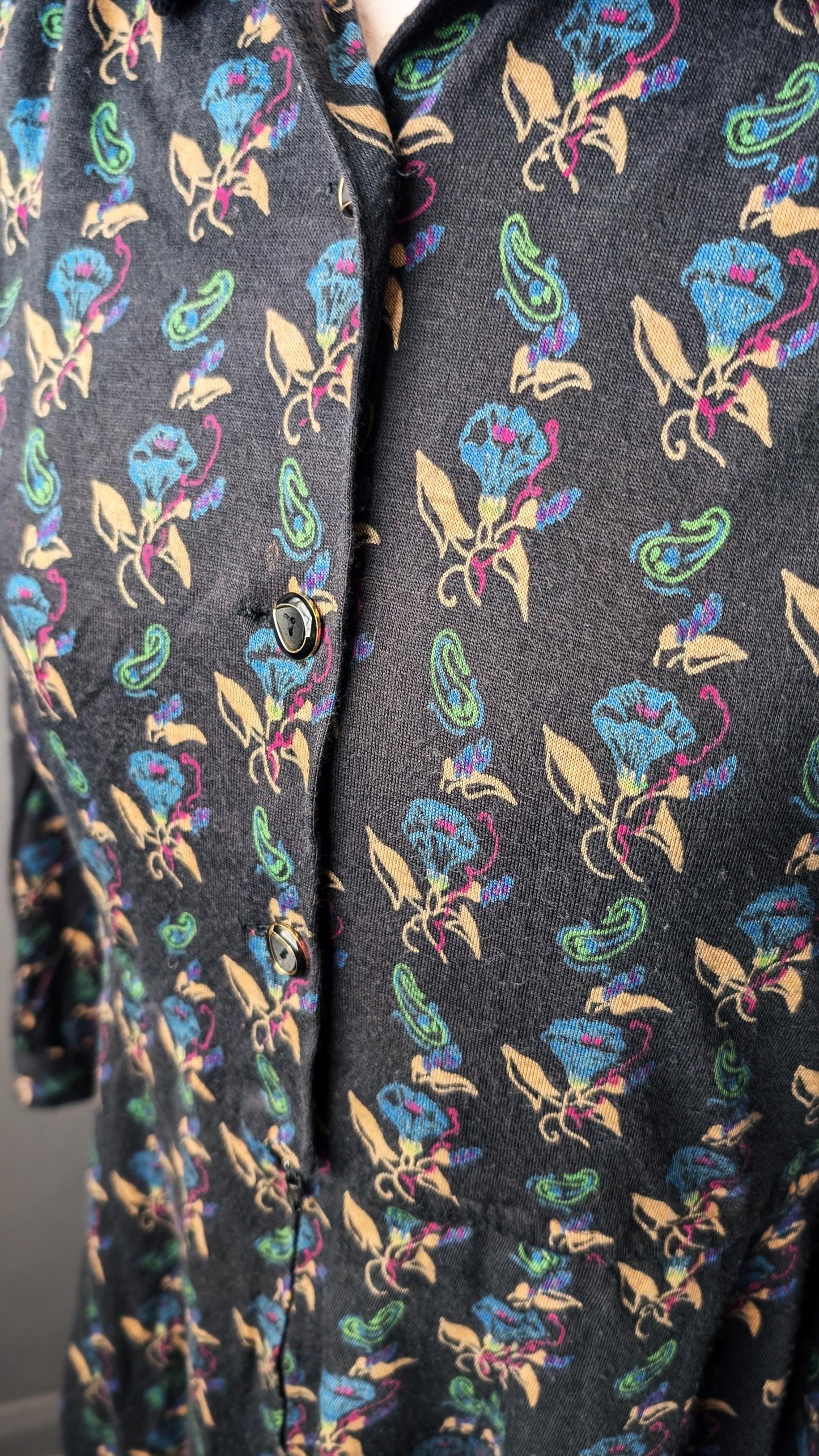 80s Bindweed Flowers Shirt Dress, Dark Cottagecore, Size Medium