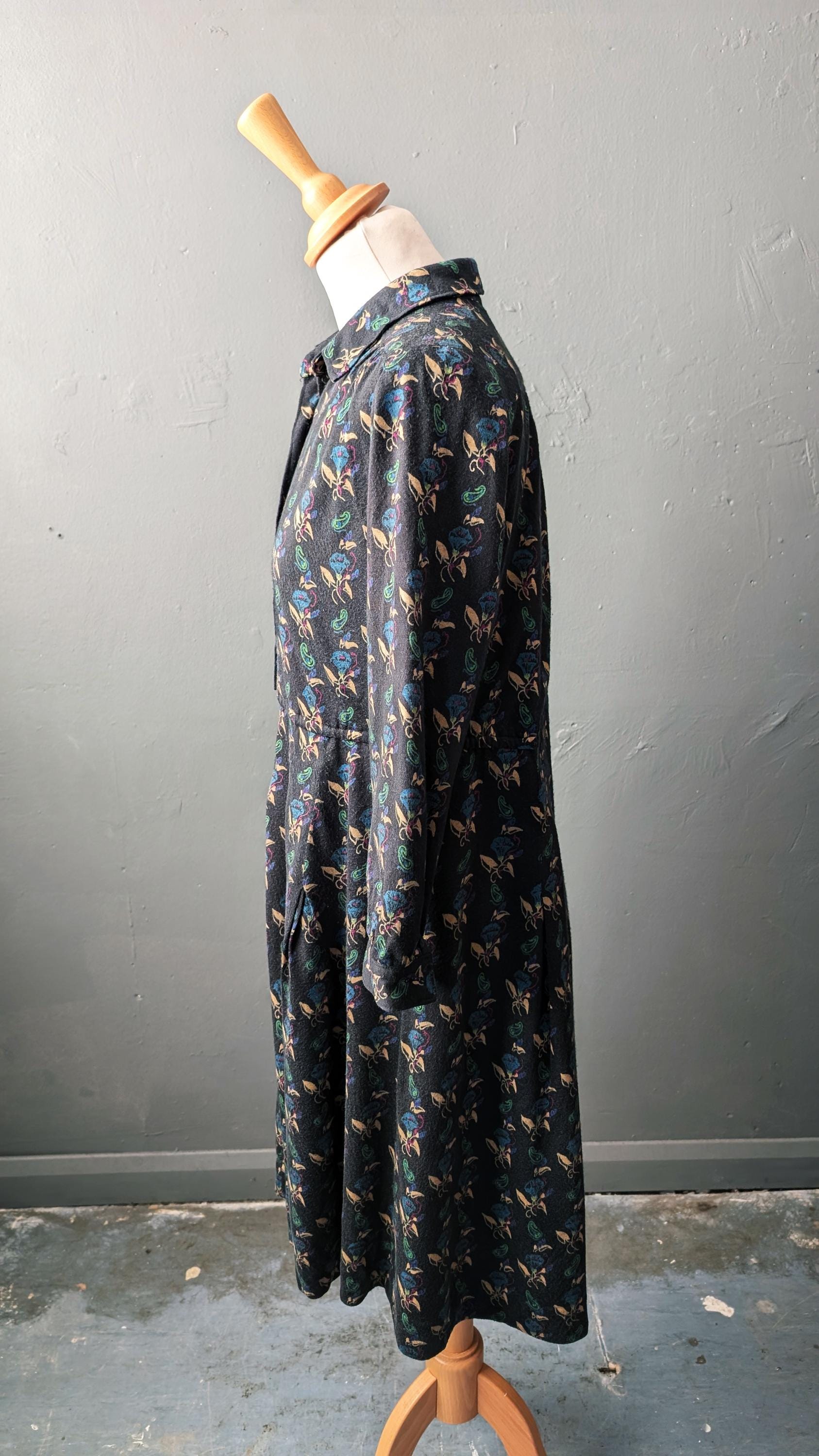 80s Bindweed Flowers Shirt Dress, Dark Cottagecore, Size Medium