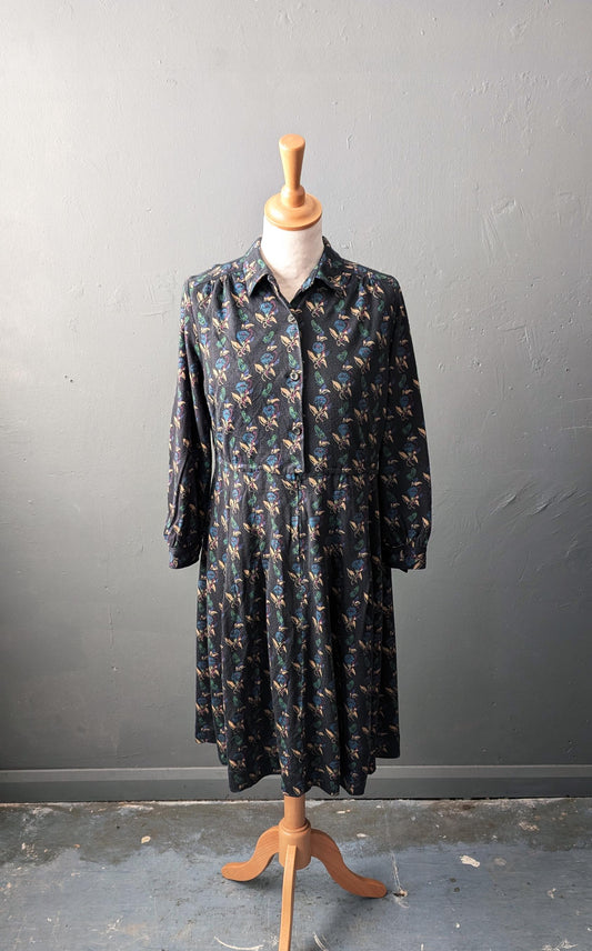 80s Bindweed Flowers Shirt Dress, Dark Cottagecore, Size Medium