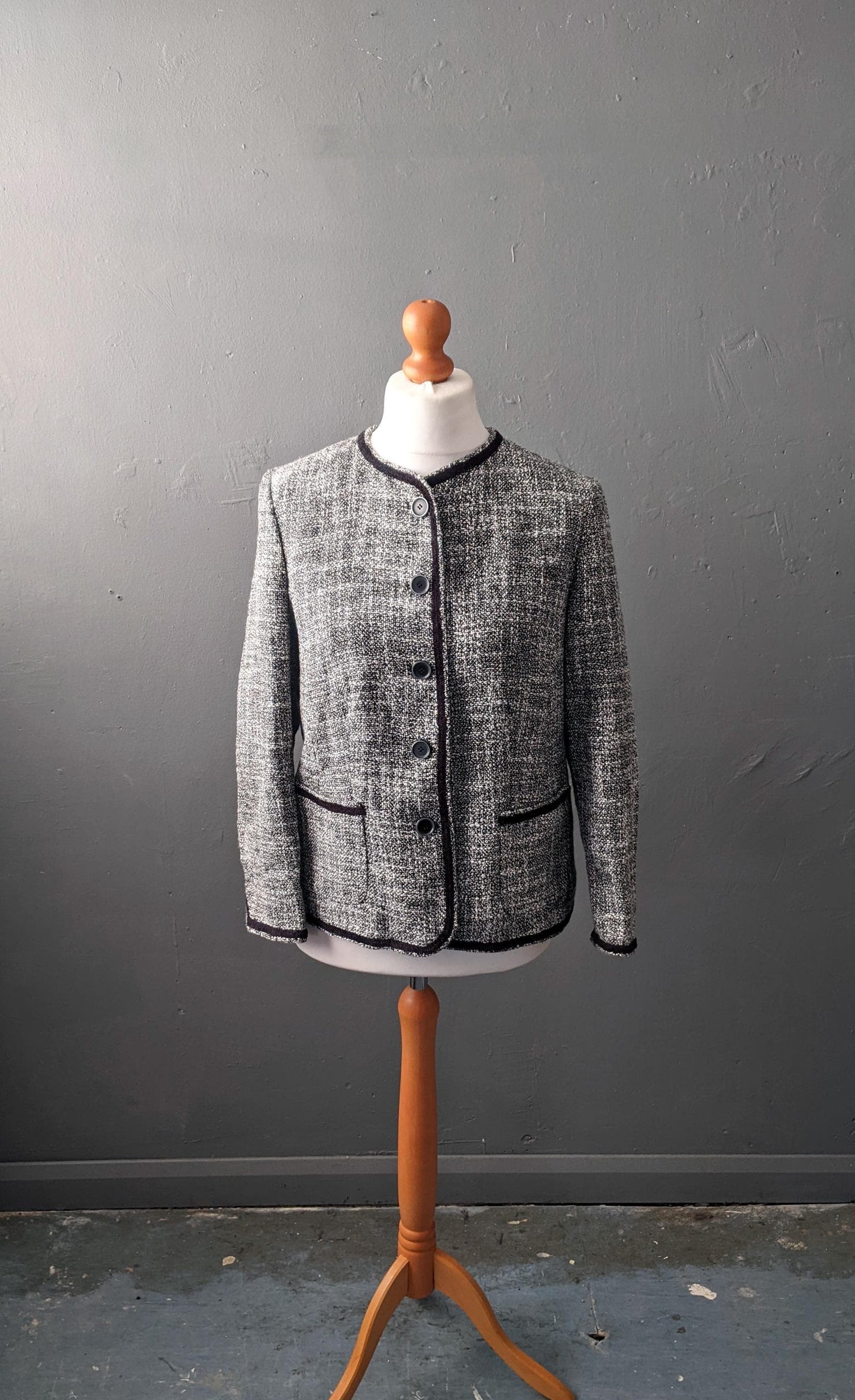 90s Black and White Tweed Wool Blend Jacket, Smart Casual Coat, Size Large
