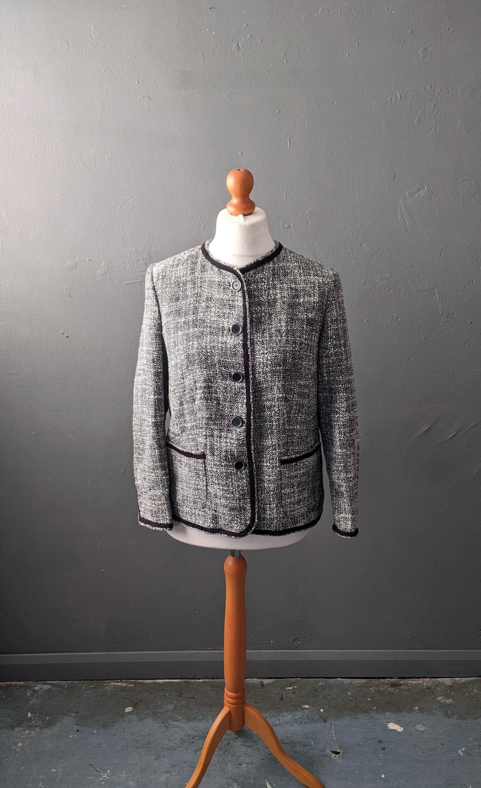 90s Black and White Tweed Wool Blend Jacket, Smart Casual Coat, Size Large
