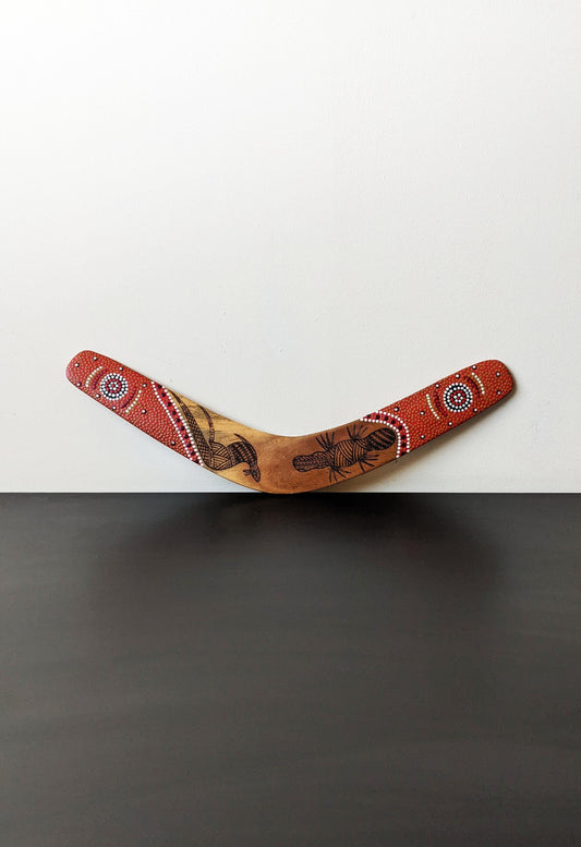 Vintage Aboriginal Boomerang, Kangaroo Platypus Pyrography Dot Painting, Australian Tourist Souvenir