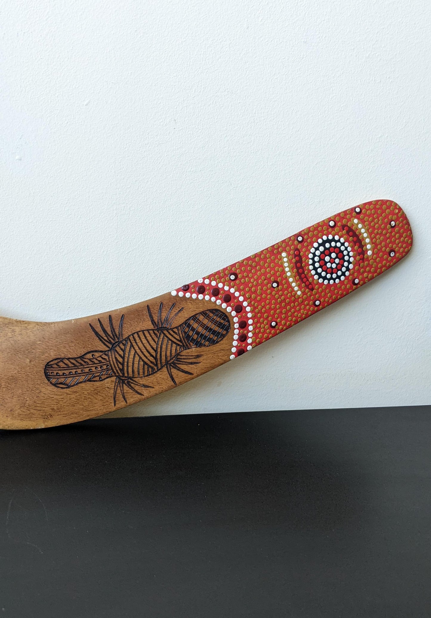 Vintage Aboriginal Boomerang, Kangaroo Platypus Pyrography Dot Painting, Australian Tourist Souvenir