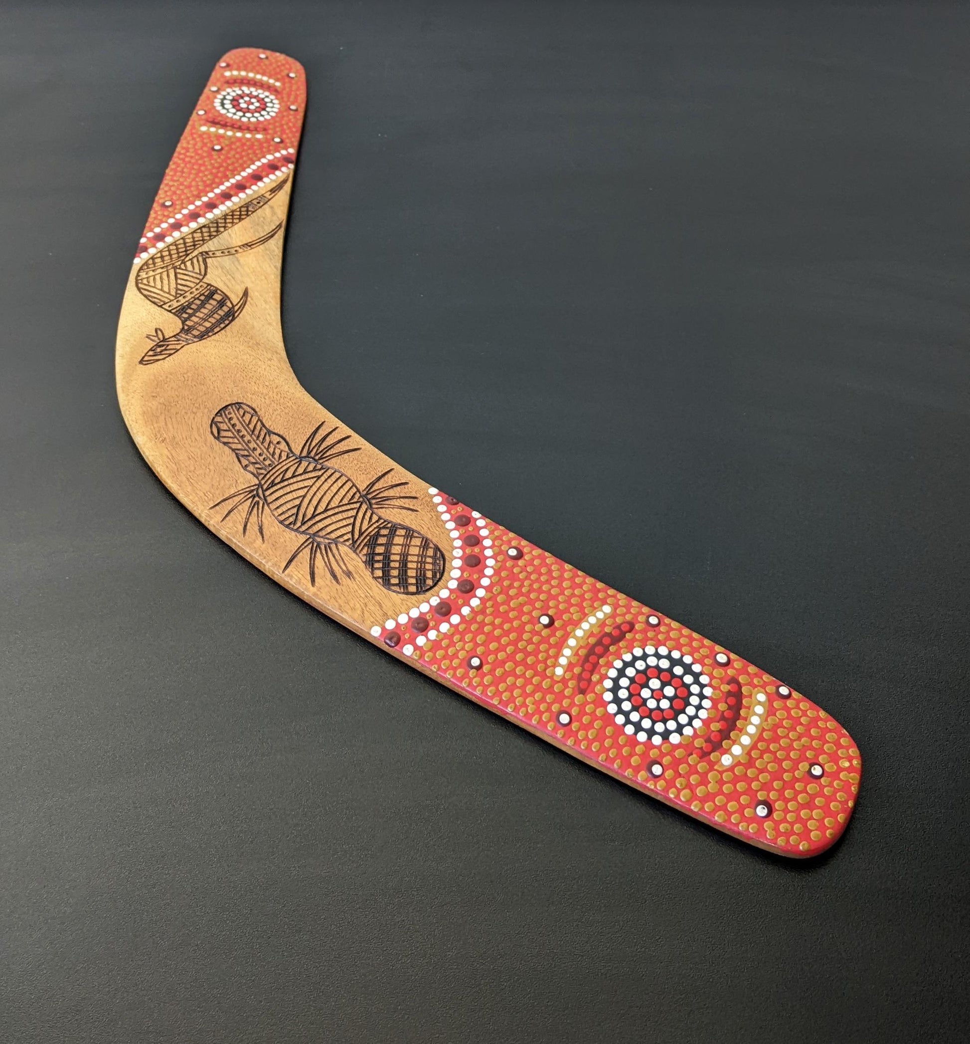 Vintage Aboriginal Boomerang, Kangaroo Platypus Pyrography Dot Painting, Australian Tourist Souvenir