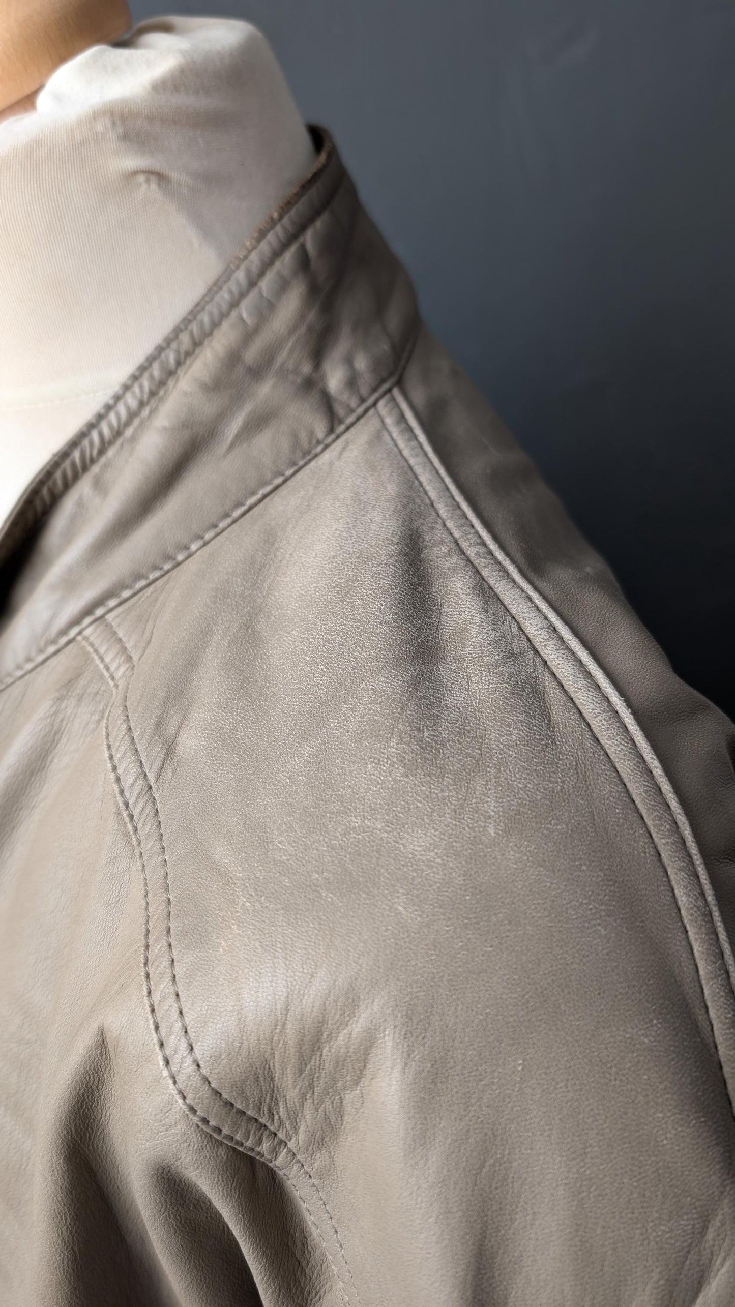 Vintage Bomber Jacket in Distressed Taupe Leather, 80s Slouchy Moto Coat, Size Large XL