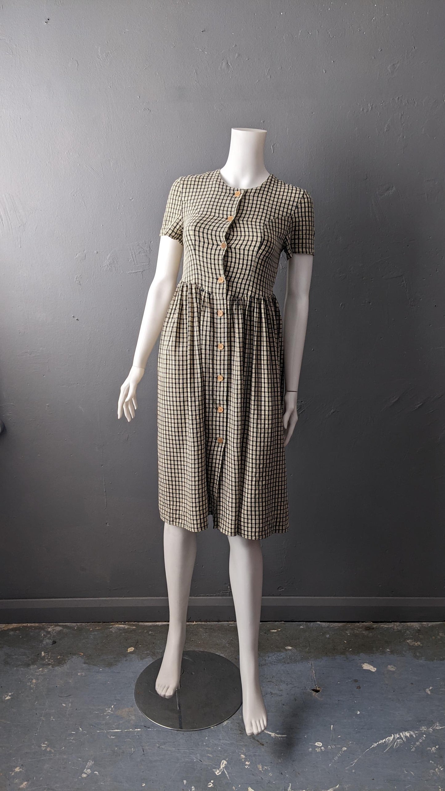 90s Cream Check Dress by Whoopi, Knee Length Midi, Size XXS XS