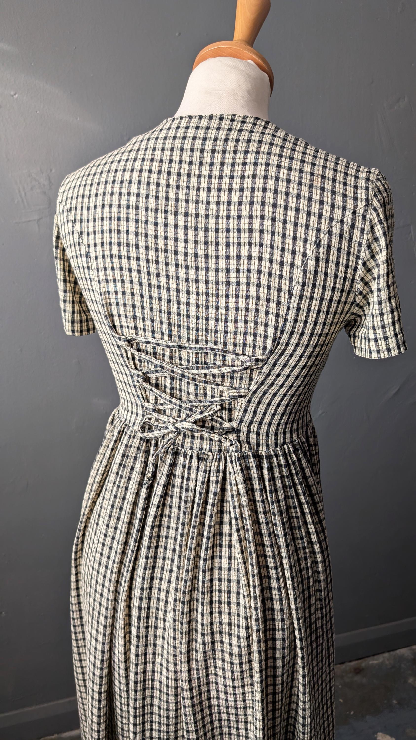 90s Cream Check Dress by Whoopi, Knee Length Midi, Size XXS XS