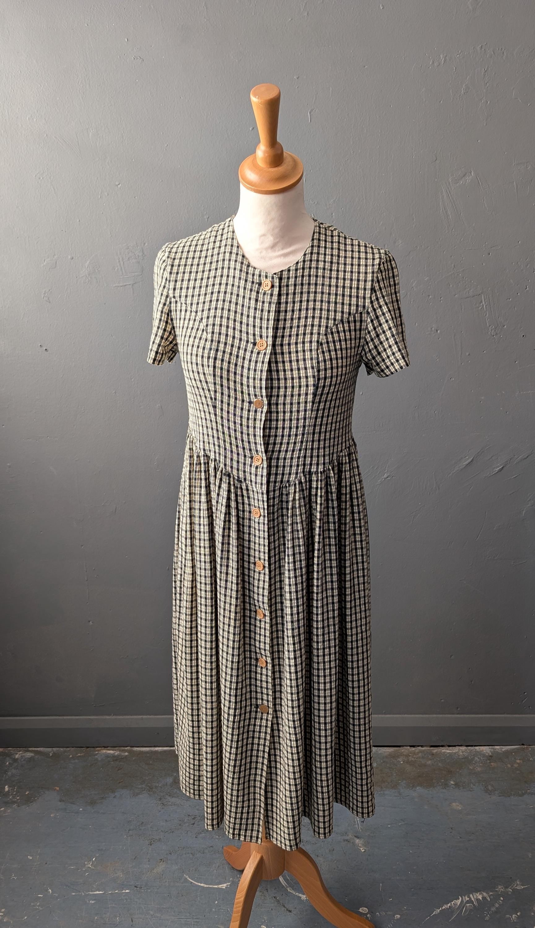 90s Cream Check Dress by Whoopi, Knee Length Midi, Size XXS XS