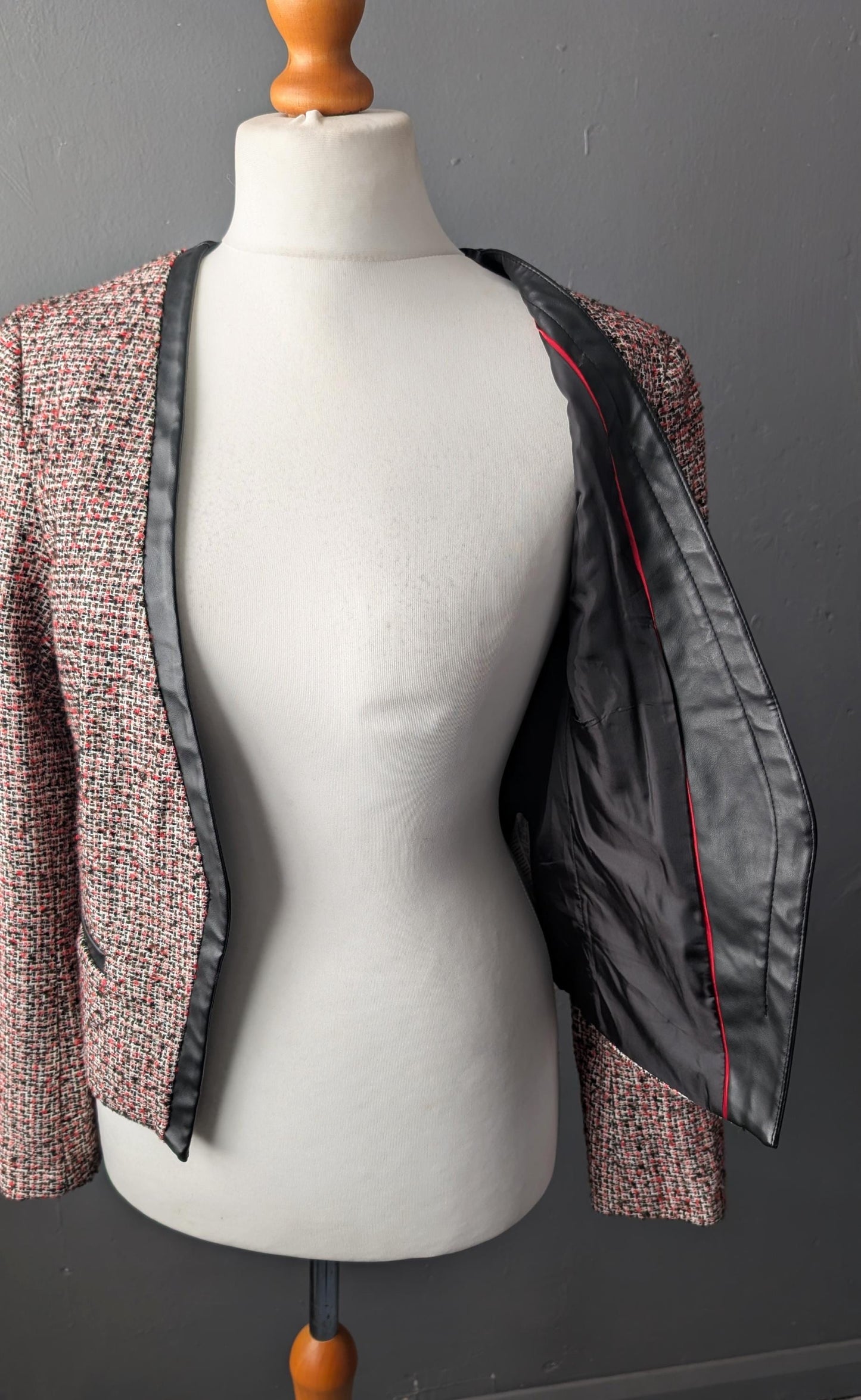 90s Phildar Tweed Jacket, Collarless Dress Blazer with Vegan Leather, Size Large