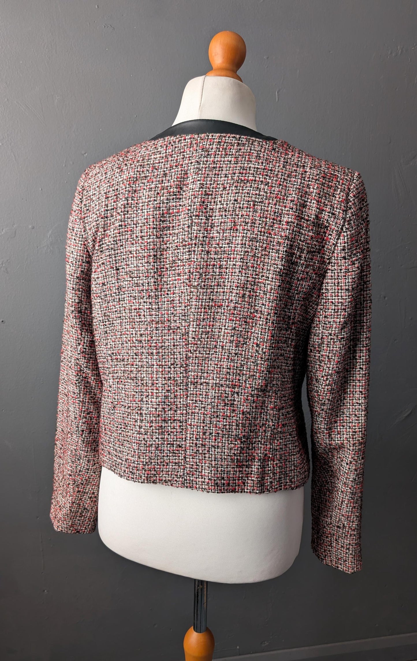 90s Phildar Tweed Jacket, Collarless Dress Blazer with Vegan Leather, Size Large