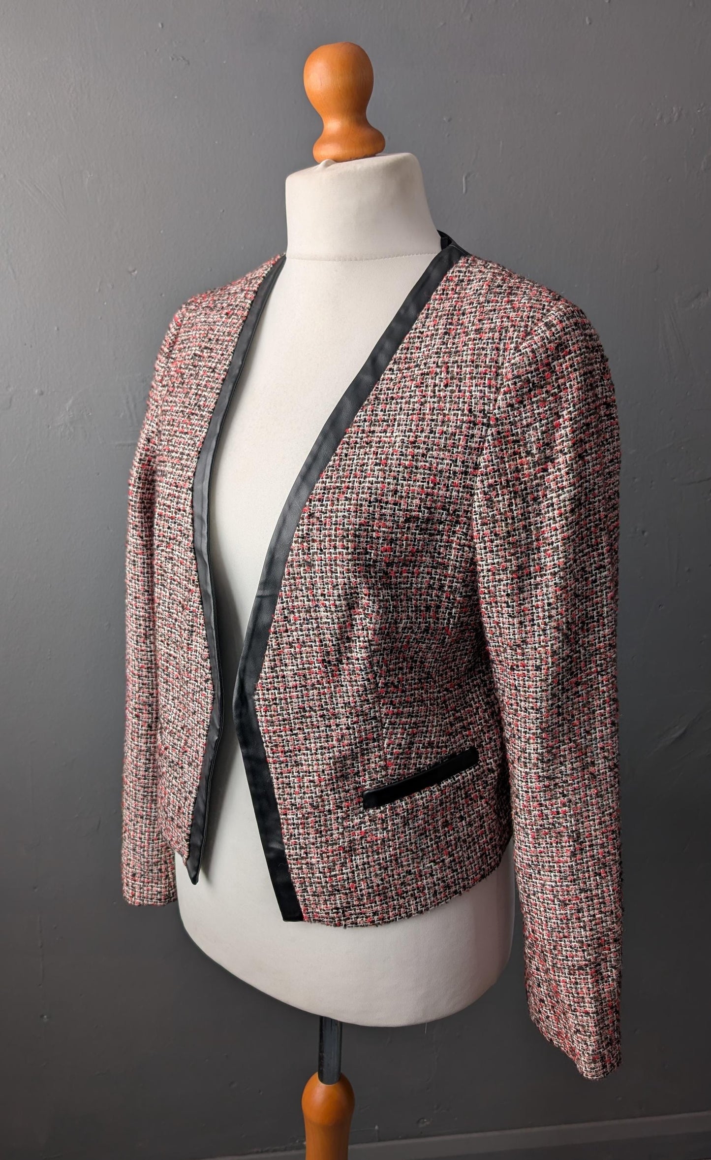 90s Phildar Tweed Jacket, Collarless Dress Blazer with Vegan Leather, Size Large