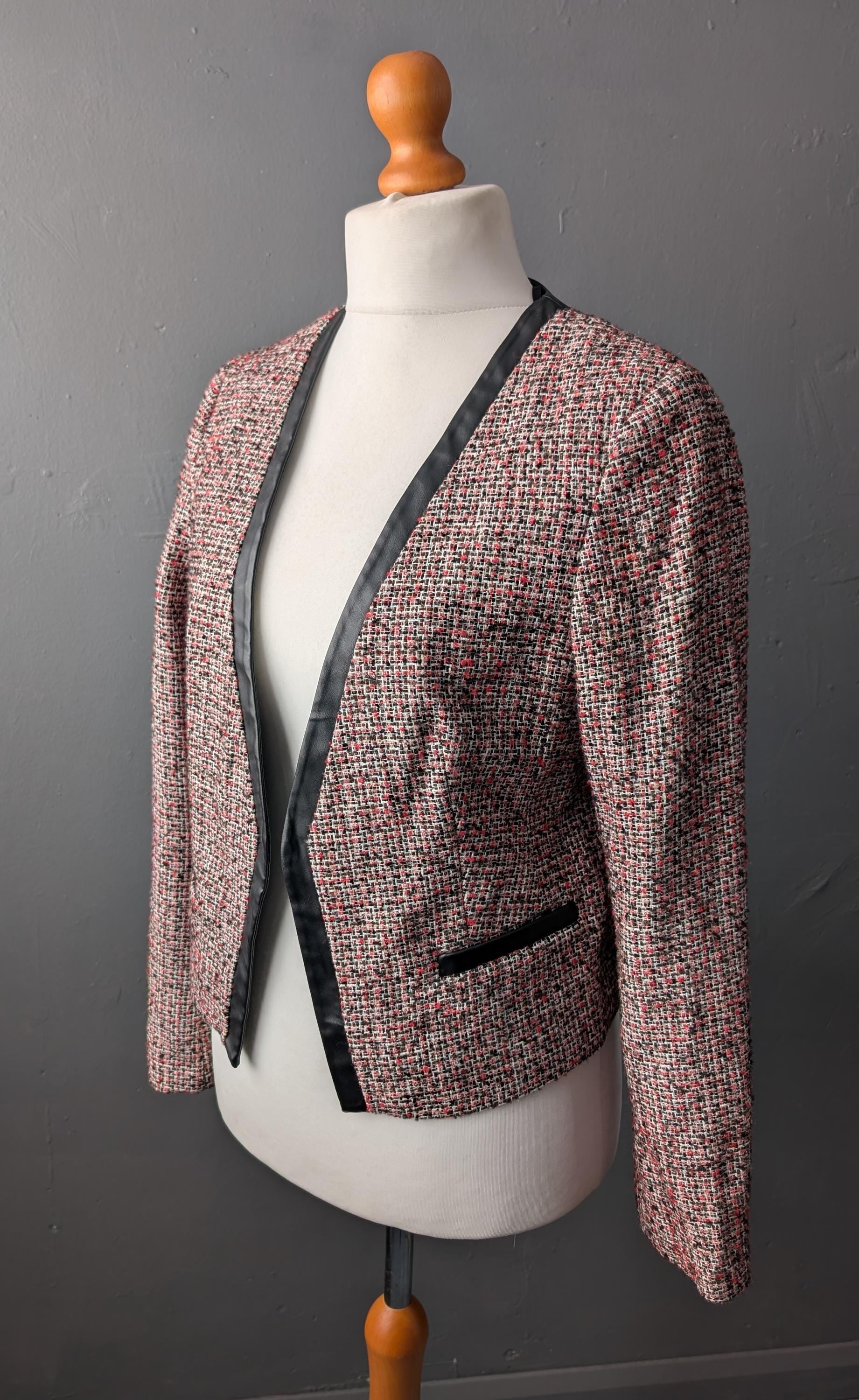 90s Phildar Tweed Jacket, Collarless Dress Blazer with Vegan Leather, Size Large