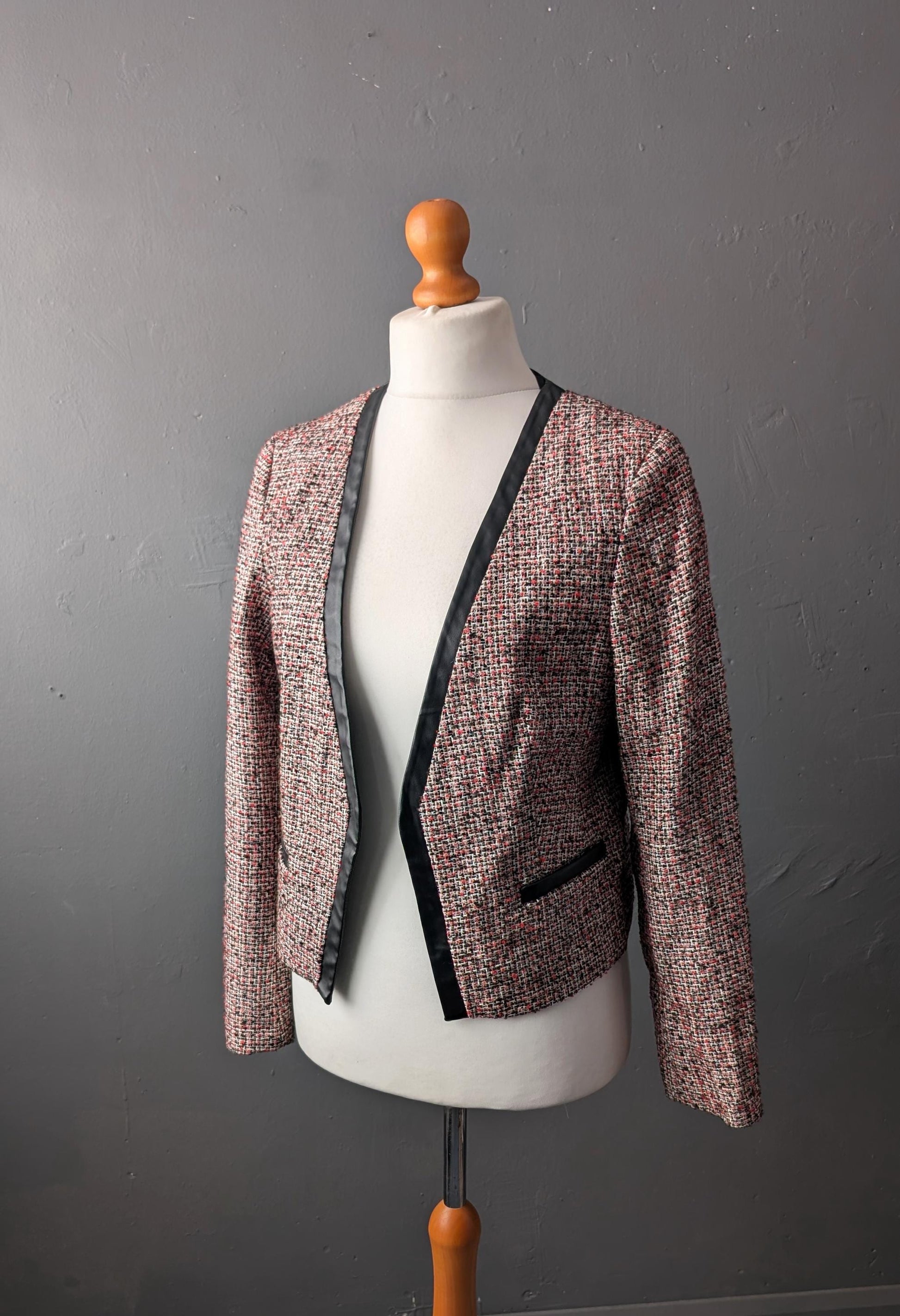 90s Phildar Tweed Jacket, Collarless Dress Blazer with Vegan Leather, Size Large