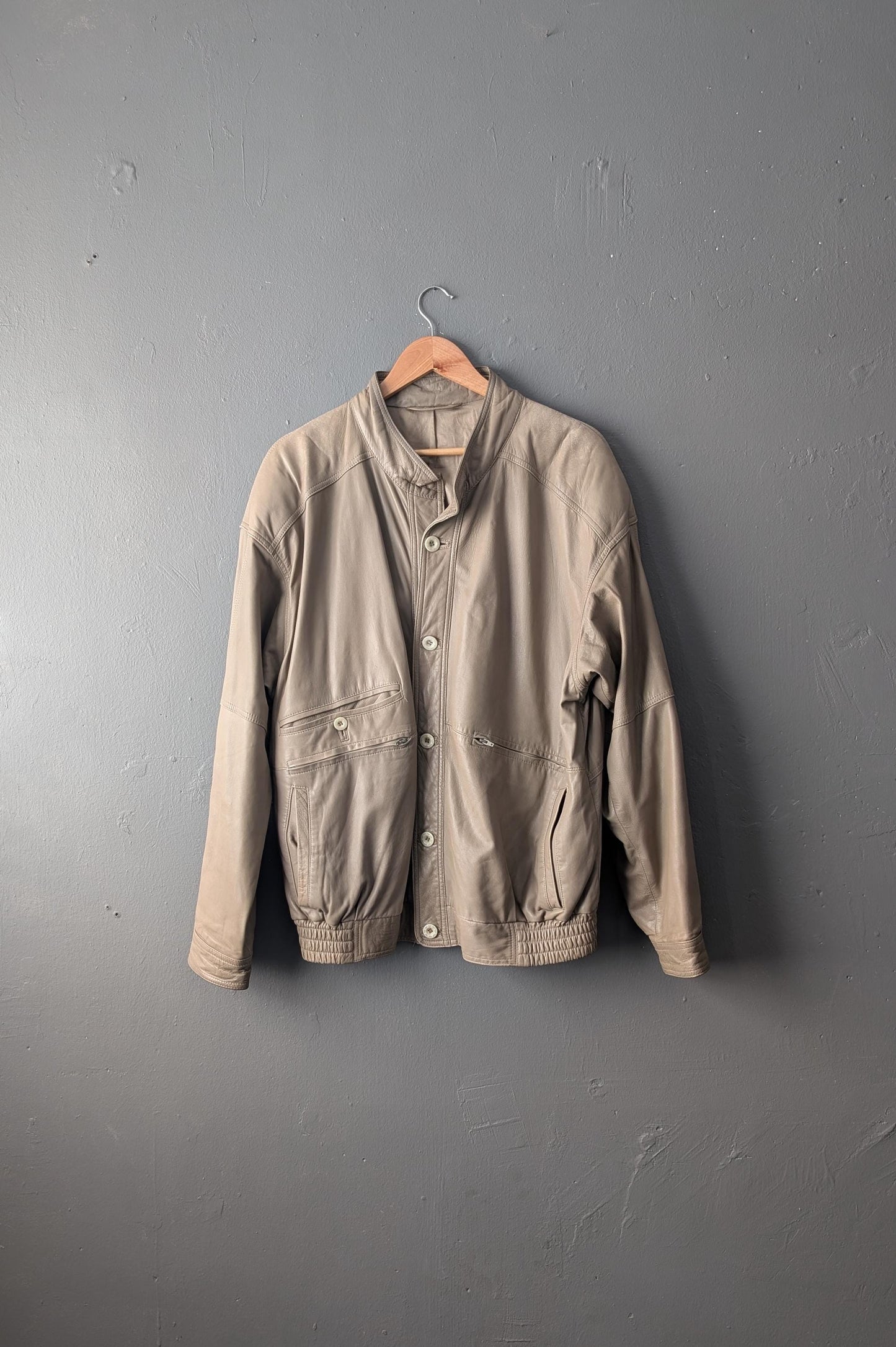 Vintage Bomber Jacket in Distressed Taupe Leather, 80s Slouchy Moto Coat, Size Large XL