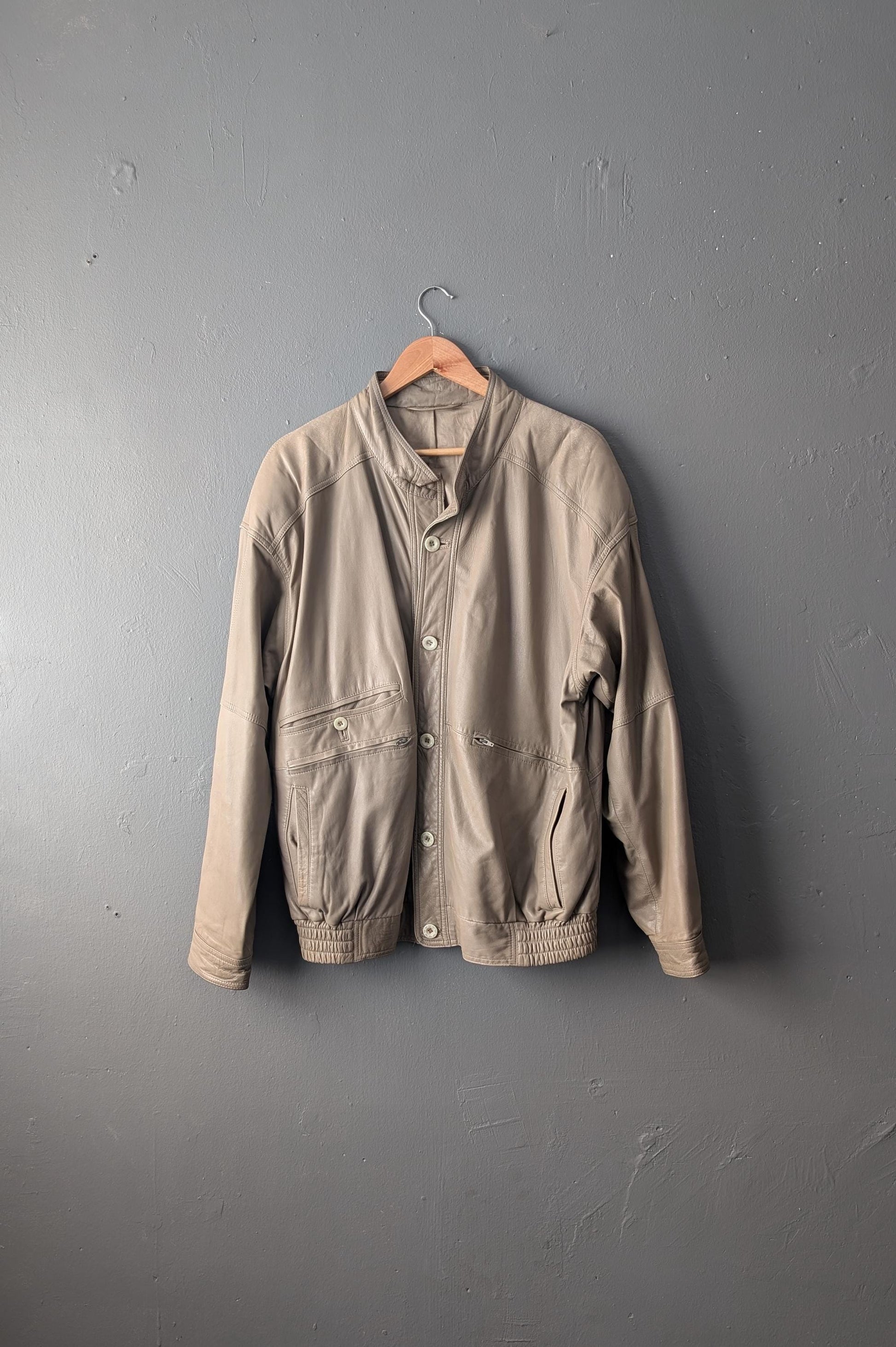 Vintage Bomber Jacket in Distressed Taupe Leather, 80s Slouchy Moto Coat, Size Large XL