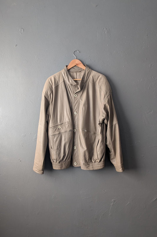 Vintage Bomber Jacket in Distressed Taupe Leather, 80s Slouchy Moto Coat, Size Large XL