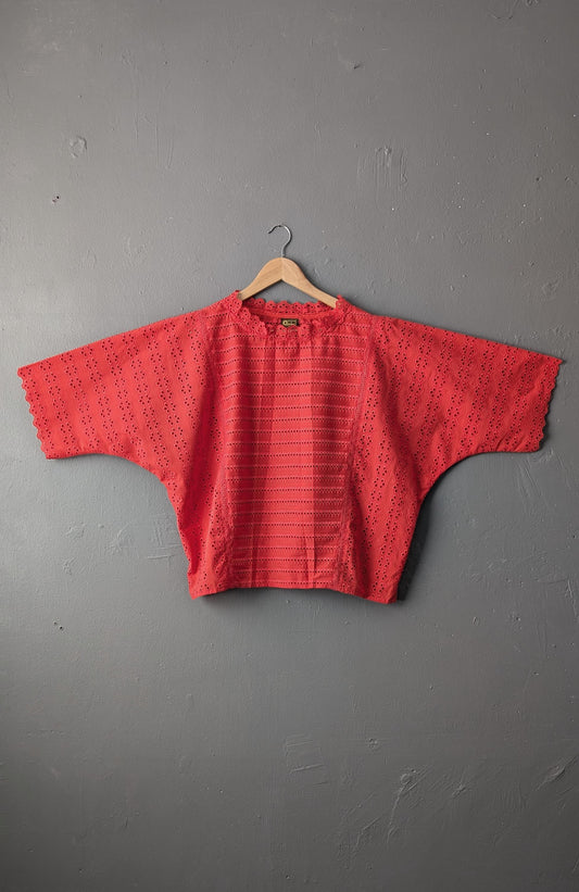 80s Red Broderie Anglais Top, Embroidered Eyelet Blouse, Medium to XL