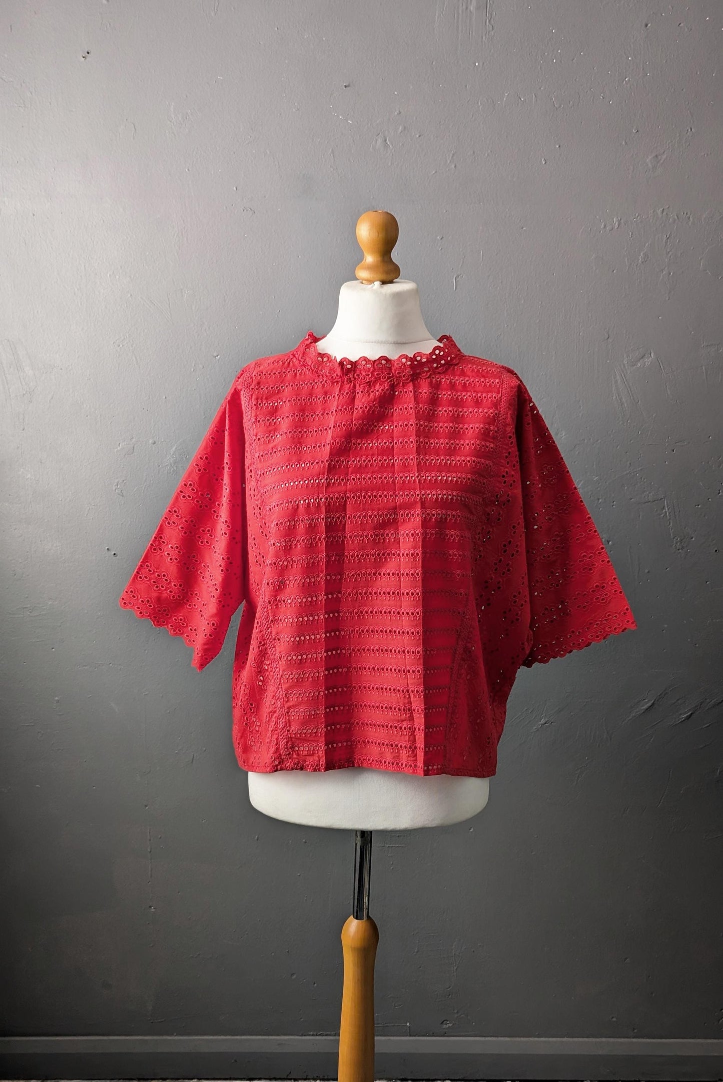 80s Red Broderie Anglais Top, Embroidered Eyelet Blouse, Medium to XL
