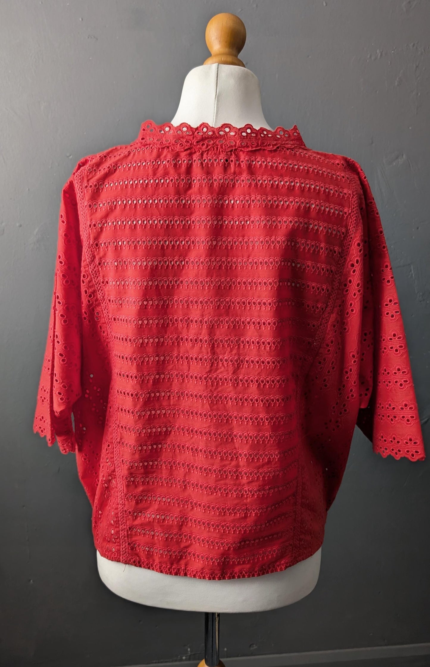 80s Red Broderie Anglais Top, Embroidered Eyelet Blouse, Medium to XL