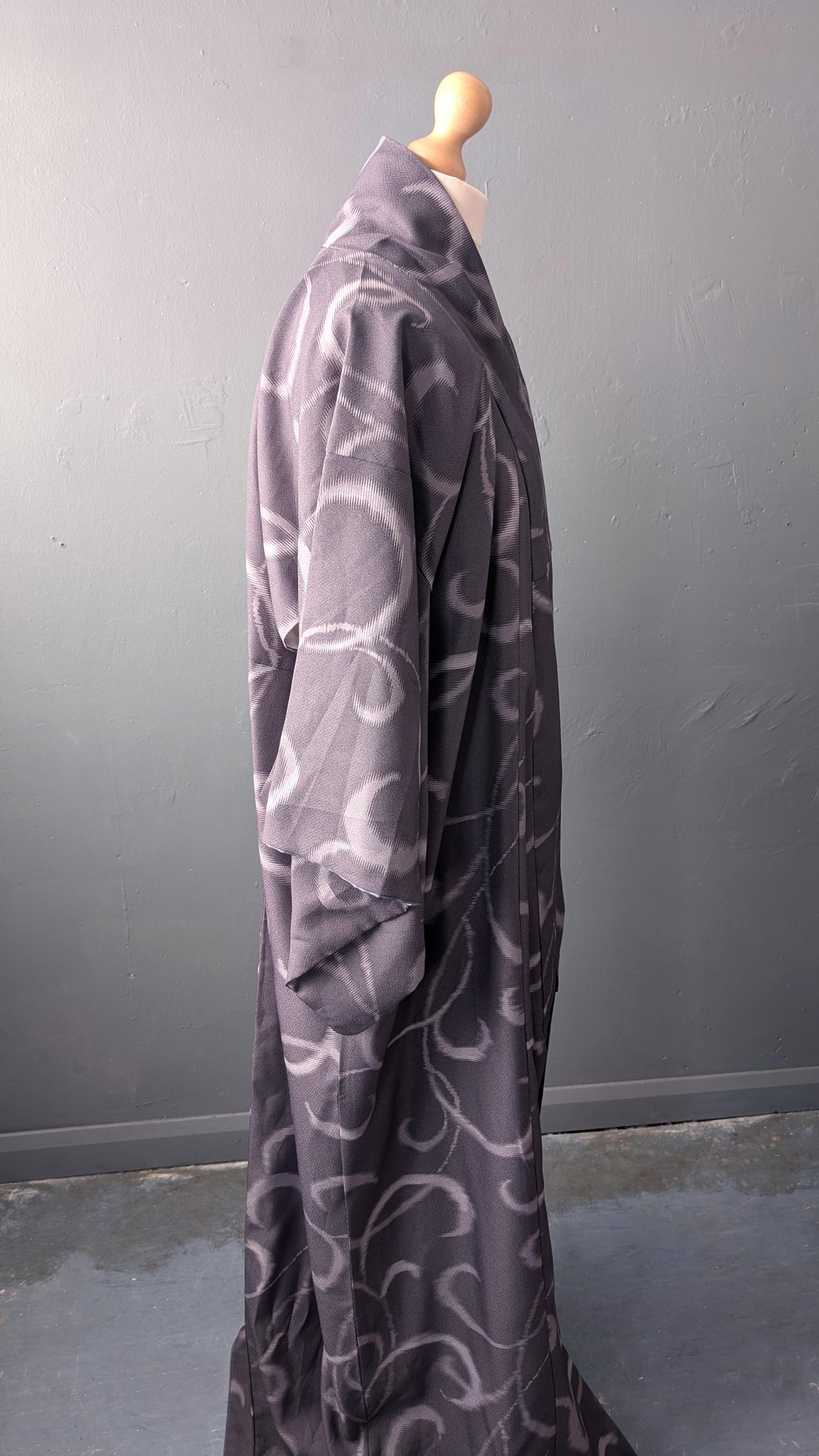 Vintage Komon Kimono, Faux Kasuri Swirl Print, Japanese Korin Robe, Size Large