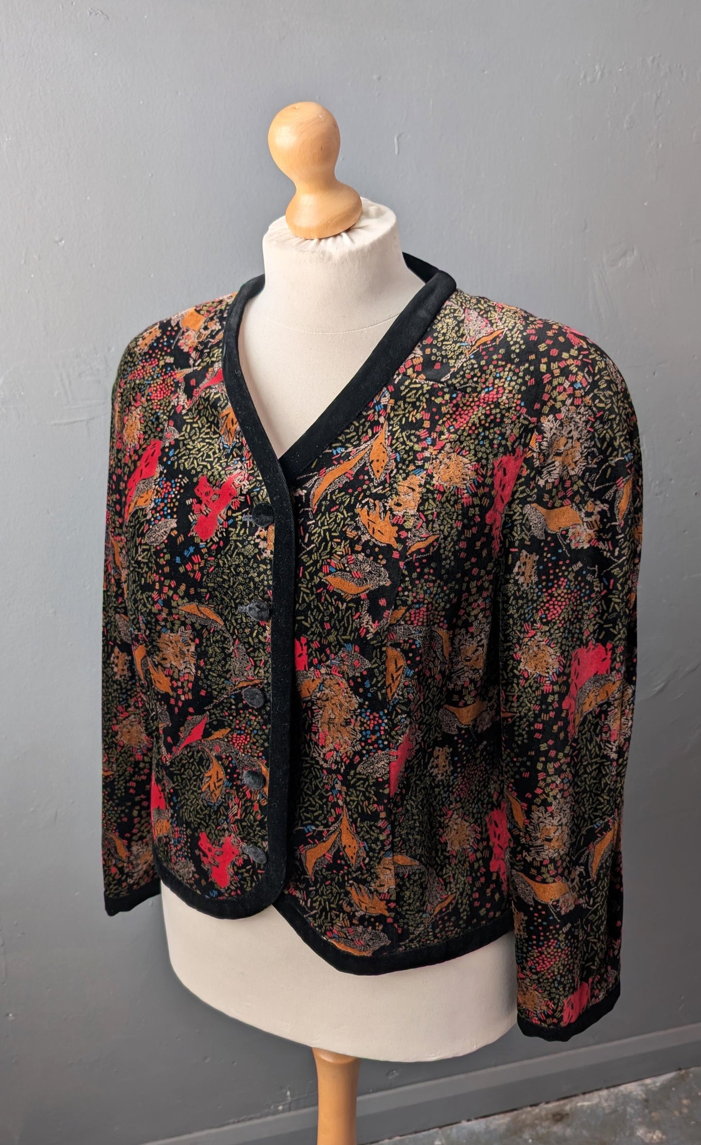 80s Cotton Velvet Jacket, Abstract Confetti Print, Size Large
