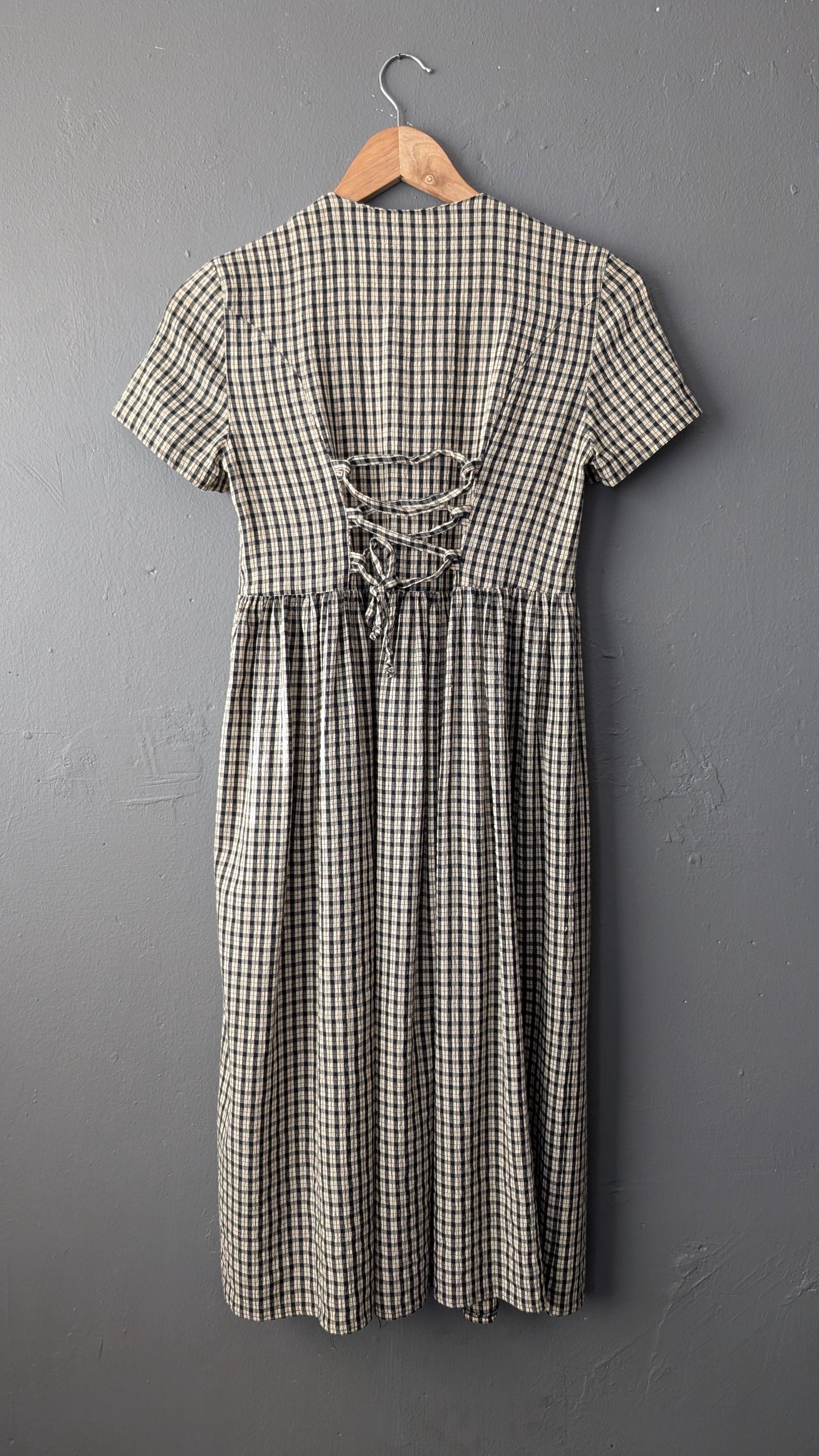 90s Cream Check Dress by Whoopi, Knee Length Midi, Size XXS XS