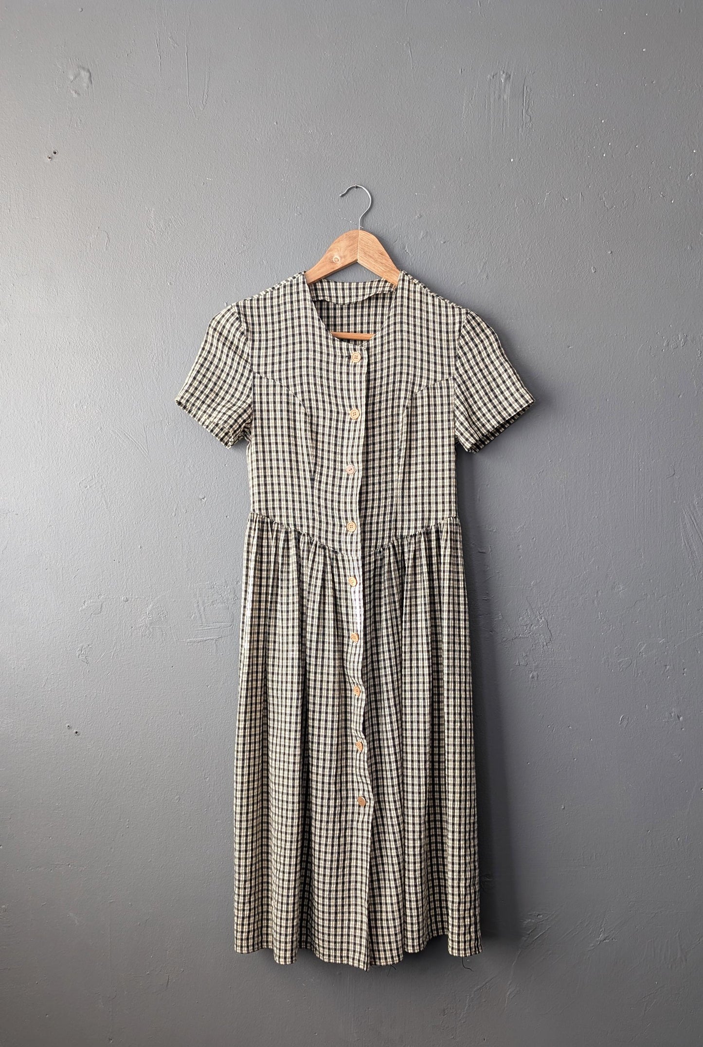 90s Cream Check Dress by Whoopi, Knee Length Midi, Size XXS XS