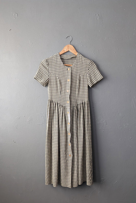 90s Cream Check Dress by Whoopi, Knee Length Midi, Size XXS XS