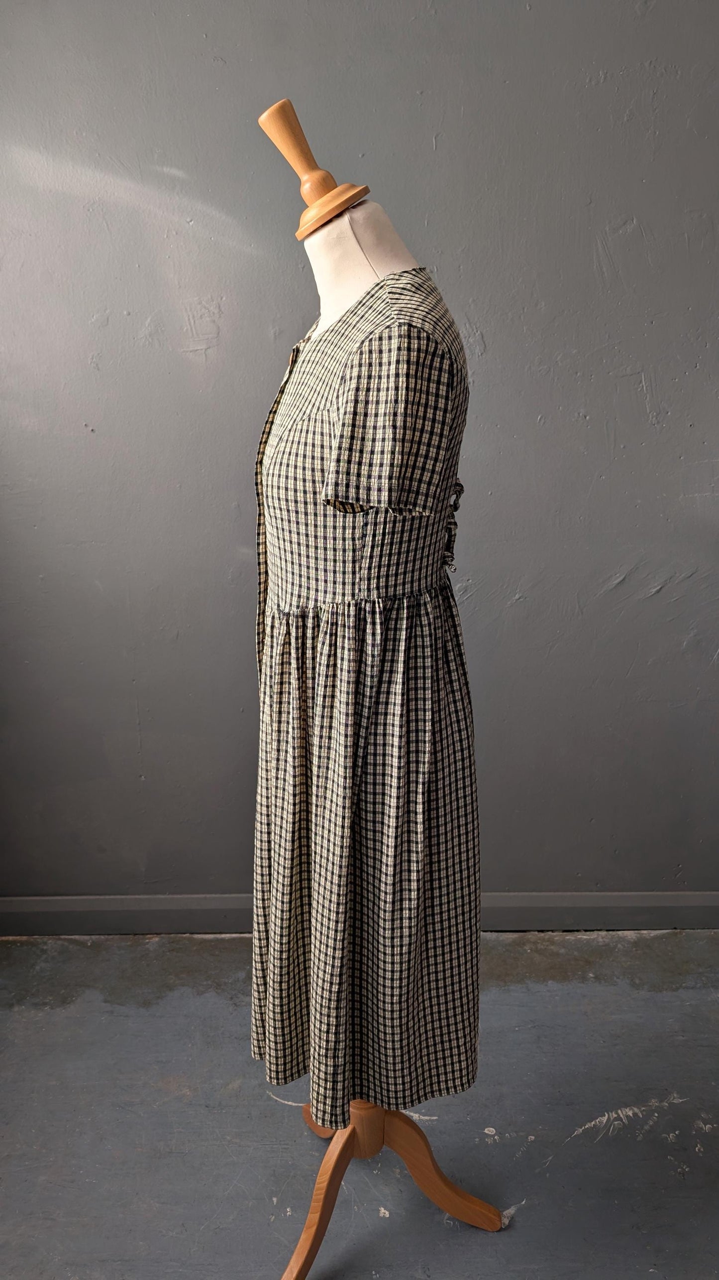 90s Cream Check Dress by Whoopi, Knee Length Midi, Size XXS XS
