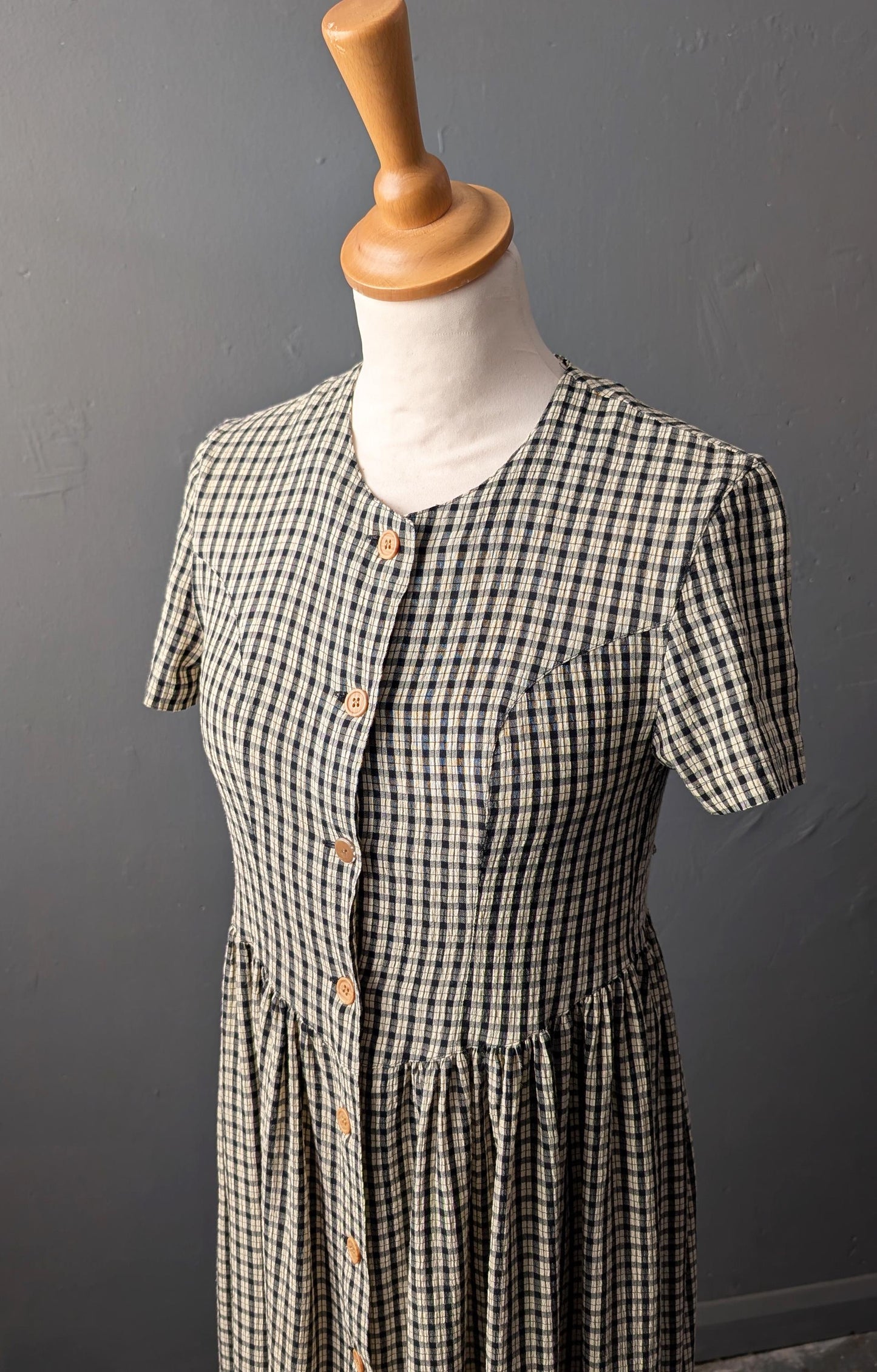 90s Cream Check Dress by Whoopi, Knee Length Midi, Size XXS XS