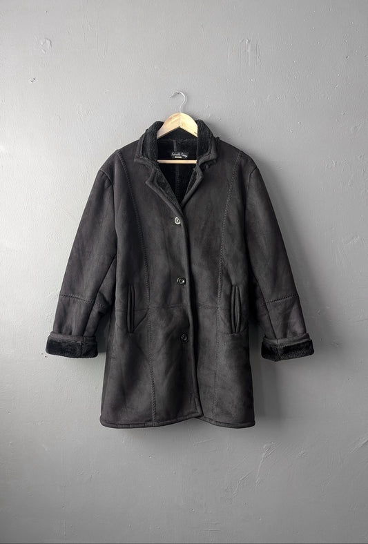 90s Faux Sheepskin Coat, Vegan Shearling Overcoat, XL