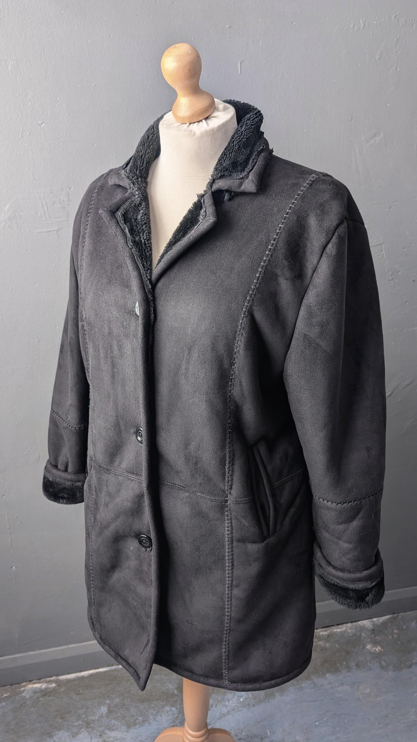 90s Faux Sheepskin Coat, Vegan Shearling Overcoat, XL