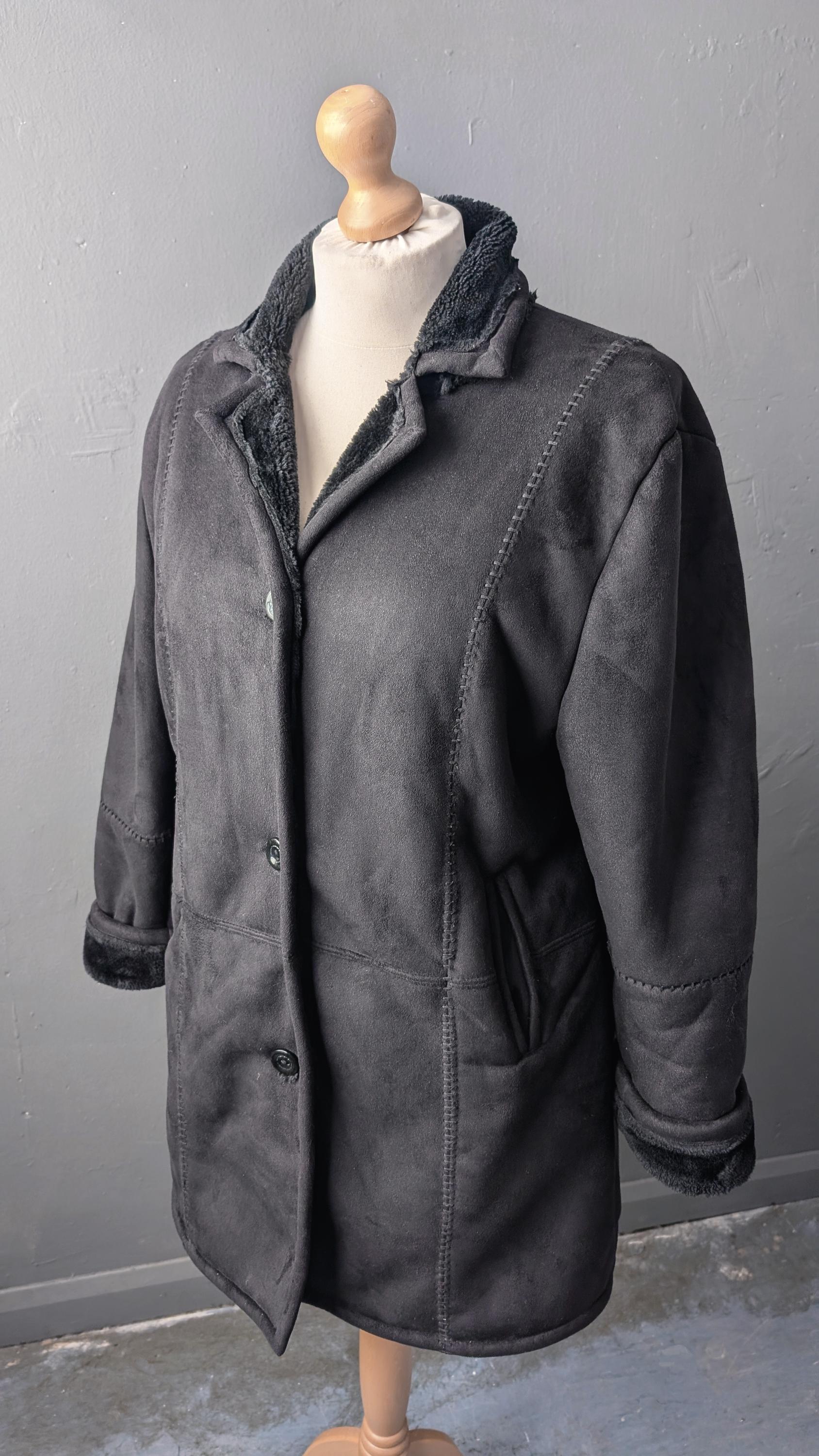 90s Faux Sheepskin Coat, Vegan Shearling Overcoat, XL
