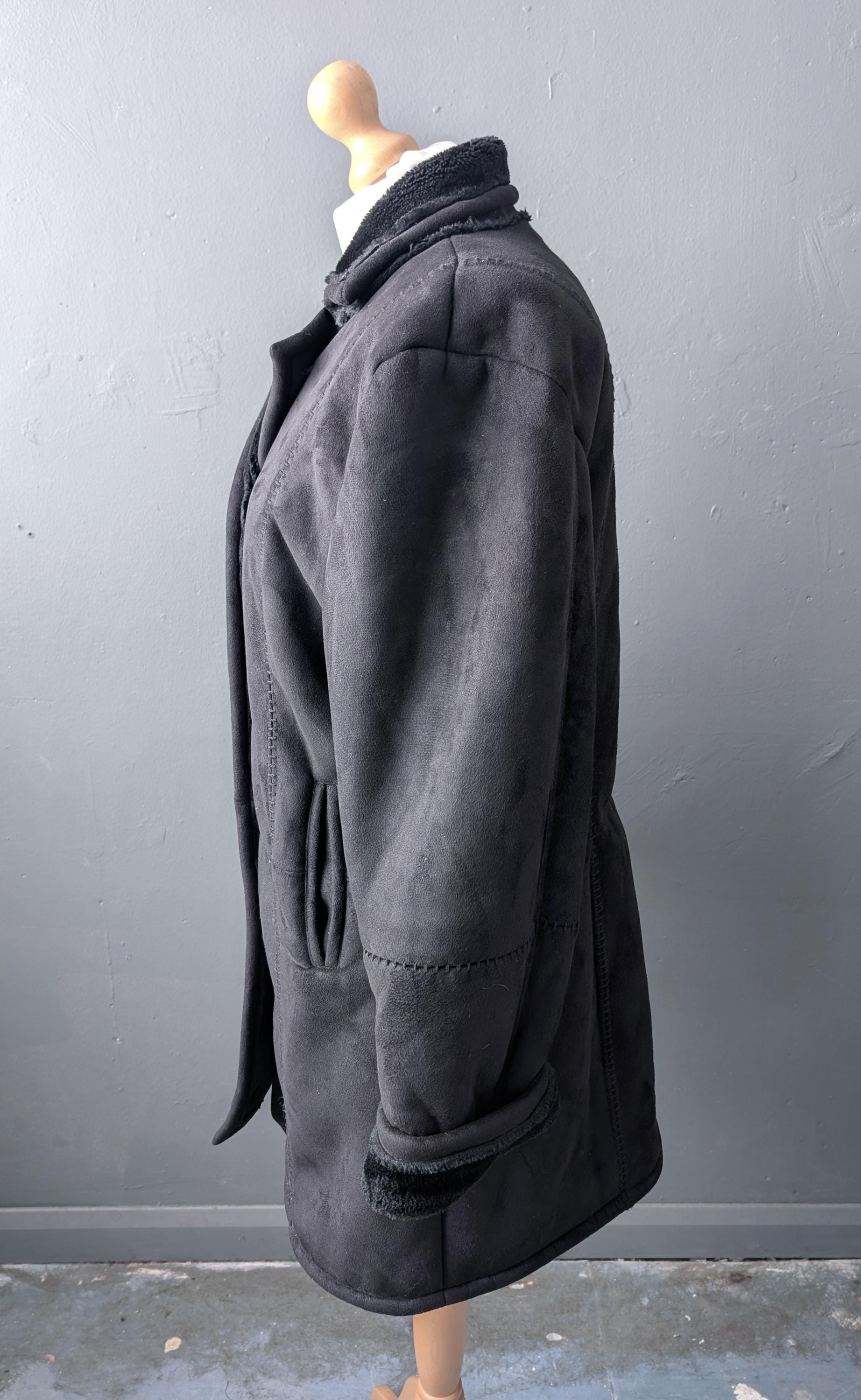 90s Faux Sheepskin Coat, Vegan Shearling Overcoat, XL