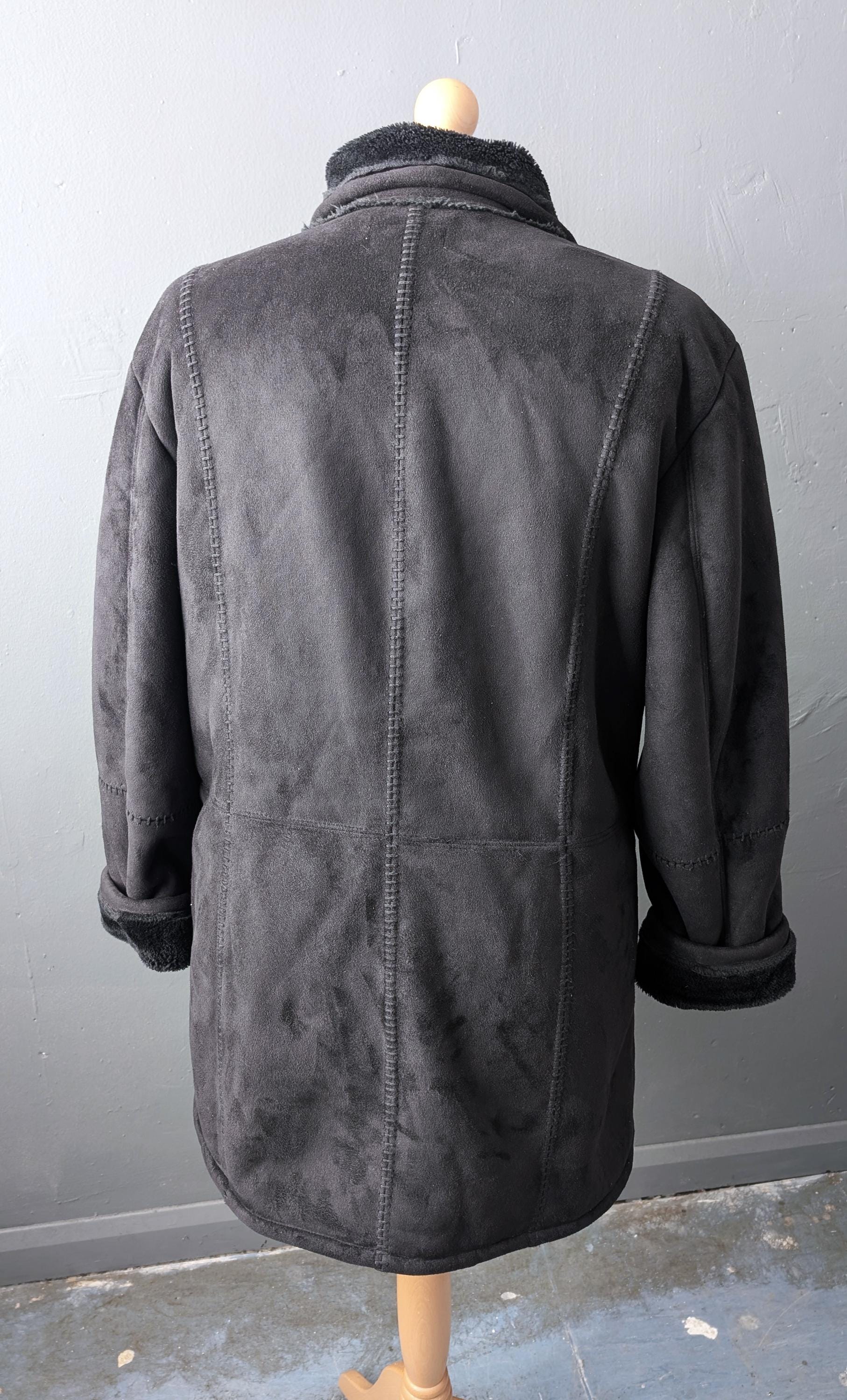 90s Faux Sheepskin Coat, Vegan Shearling Overcoat, XL