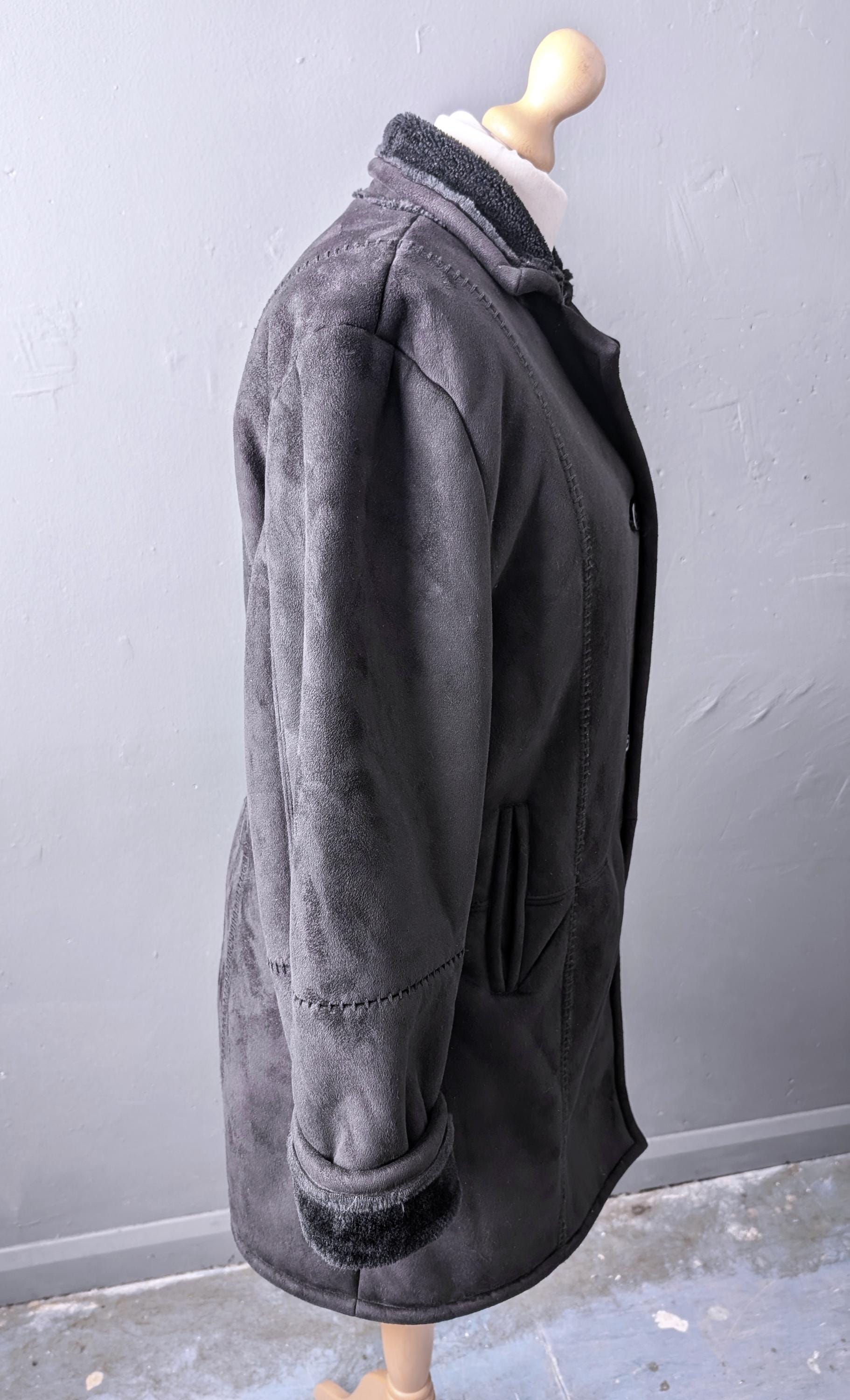 90s Faux Sheepskin Coat, Vegan Shearling Overcoat, XL