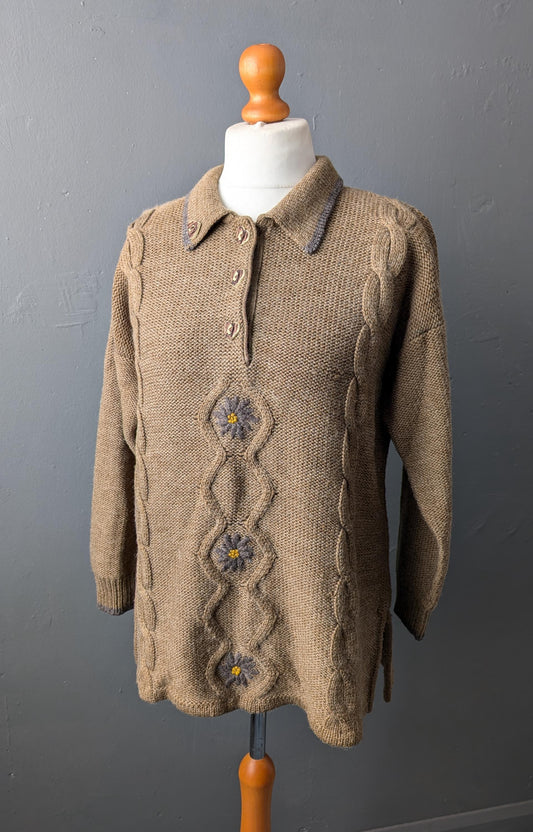 90s Khaki Floral Jumper, Cable Knit Pullover, Size Medium Large