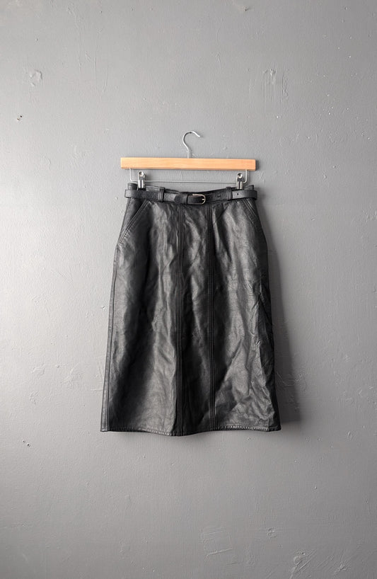 80s Leather Skirt, Calf Length Midi Pencil Skirt, Size Small