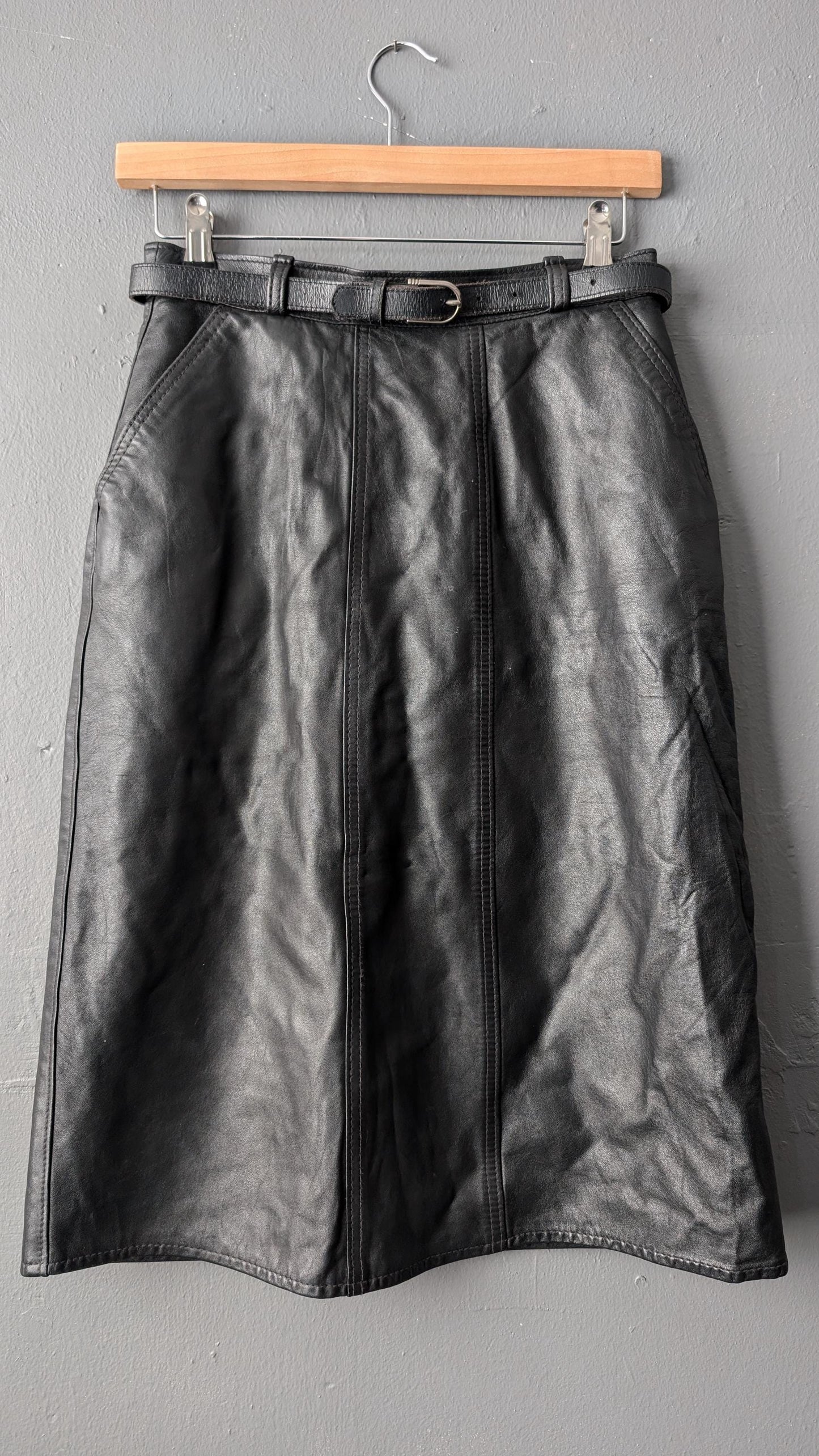 80s Leather Skirt, Calf Length Midi Pencil Skirt, Size Small