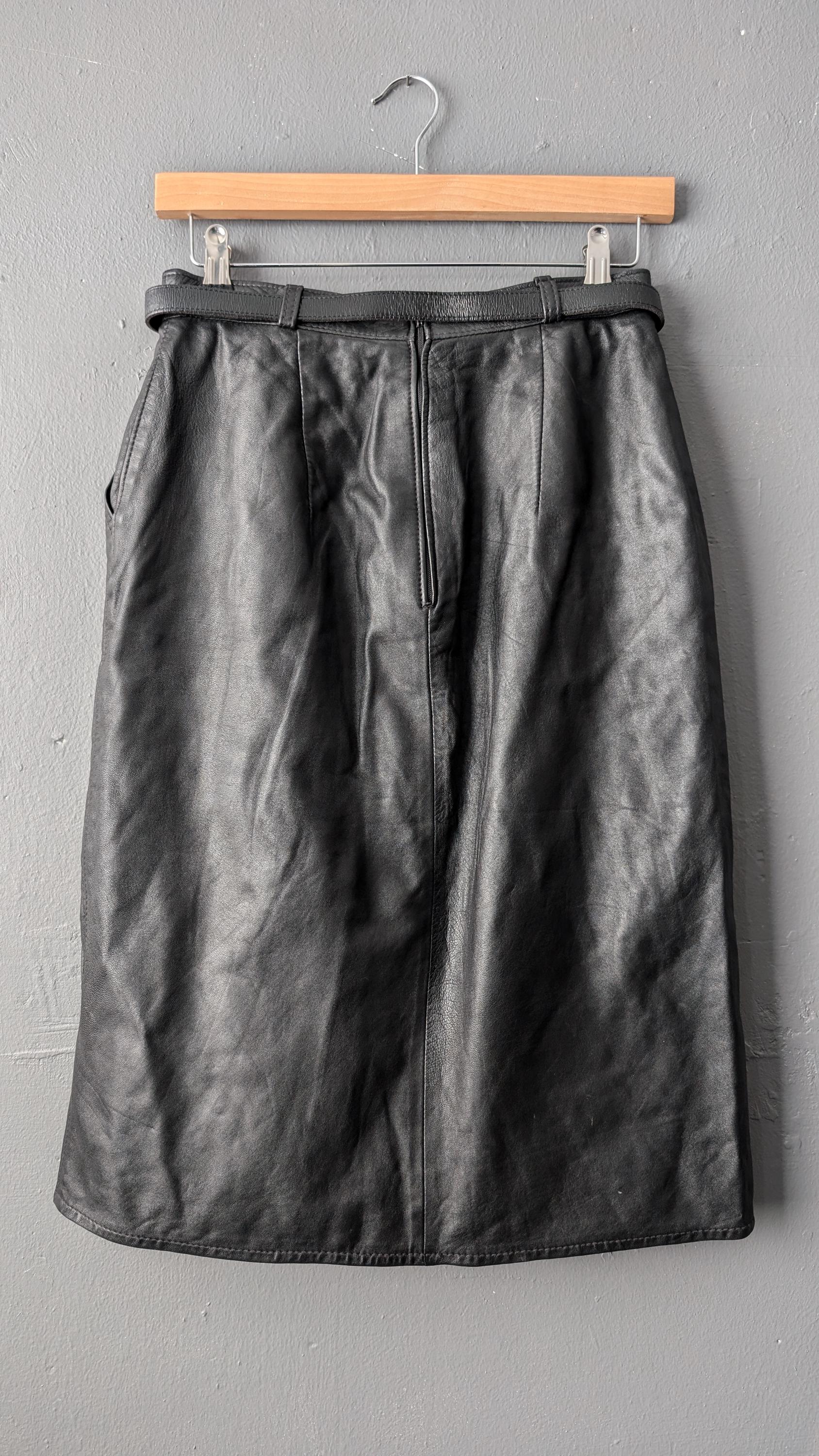 80s Leather Skirt, Calf Length Midi Pencil Skirt, Size Small
