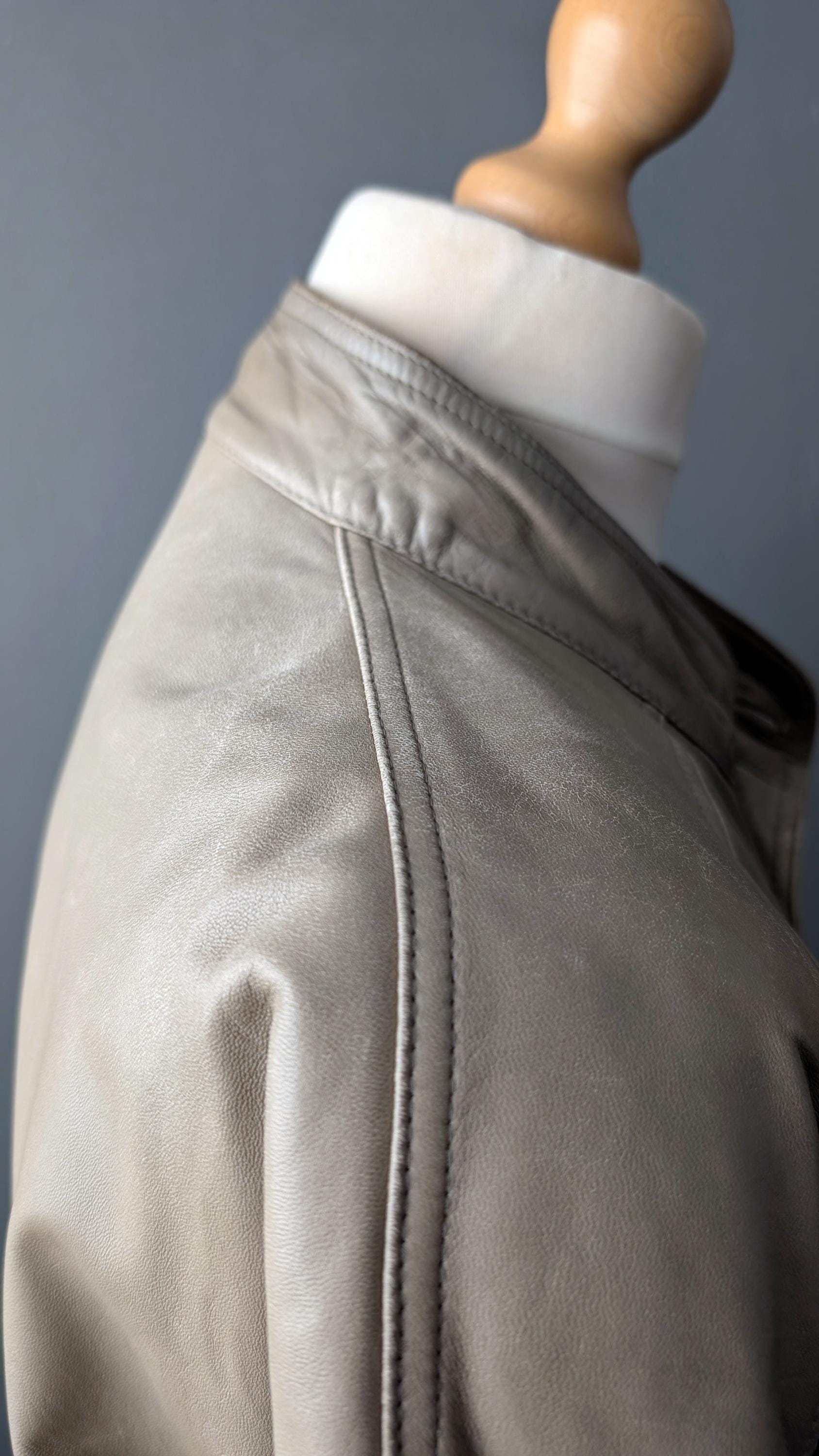 Vintage Bomber Jacket in Distressed Taupe Leather, 80s Slouchy Moto Coat, Size Large XL