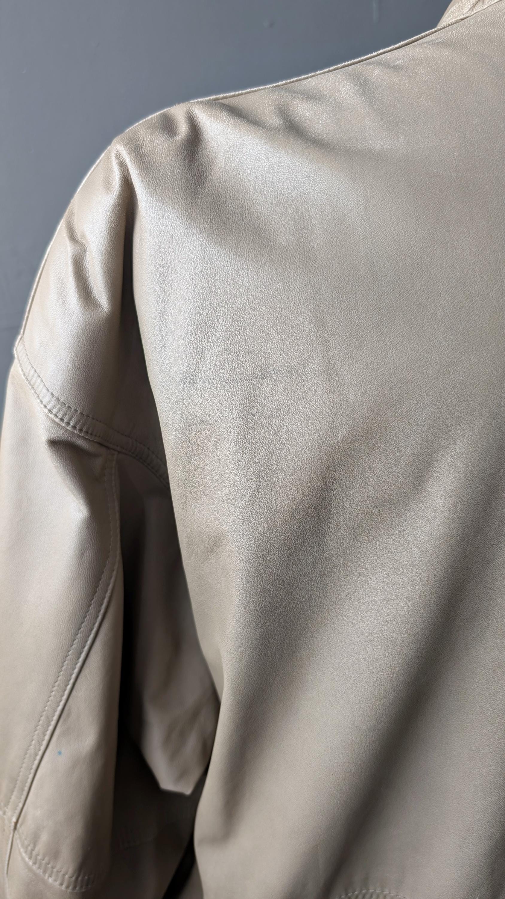 Vintage Bomber Jacket in Distressed Taupe Leather, 80s Slouchy Moto Coat, Size Large XL