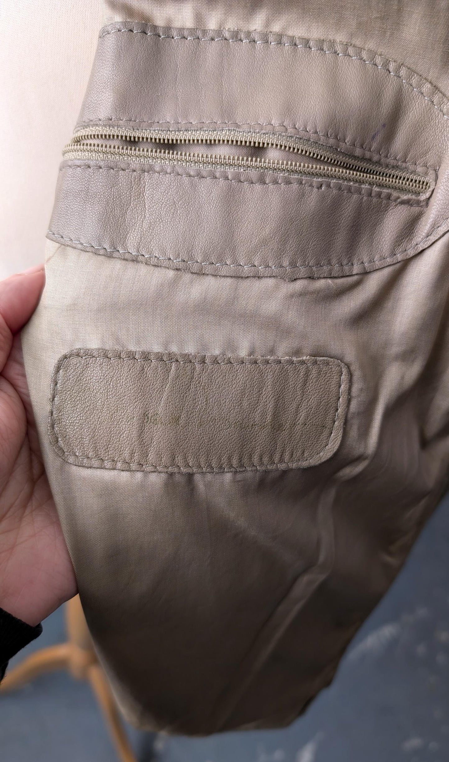 Vintage Bomber Jacket in Distressed Taupe Leather, 80s Slouchy Moto Coat, Size Large XL
