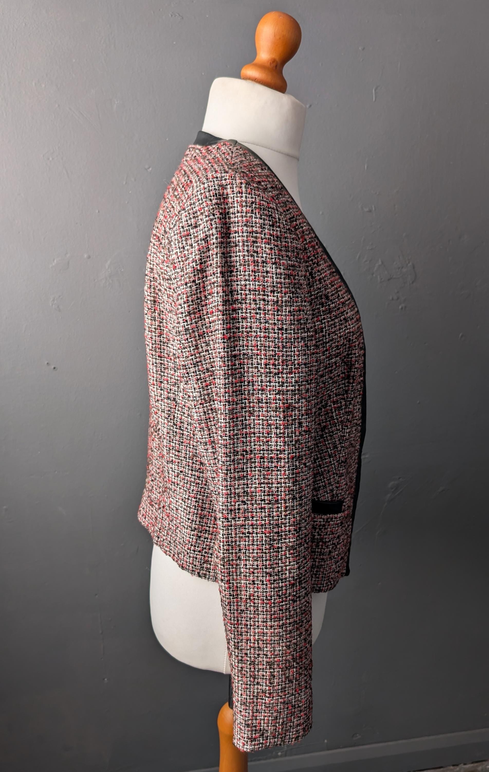 90s Phildar Tweed Jacket, Collarless Dress Blazer with Vegan Leather, Size Large