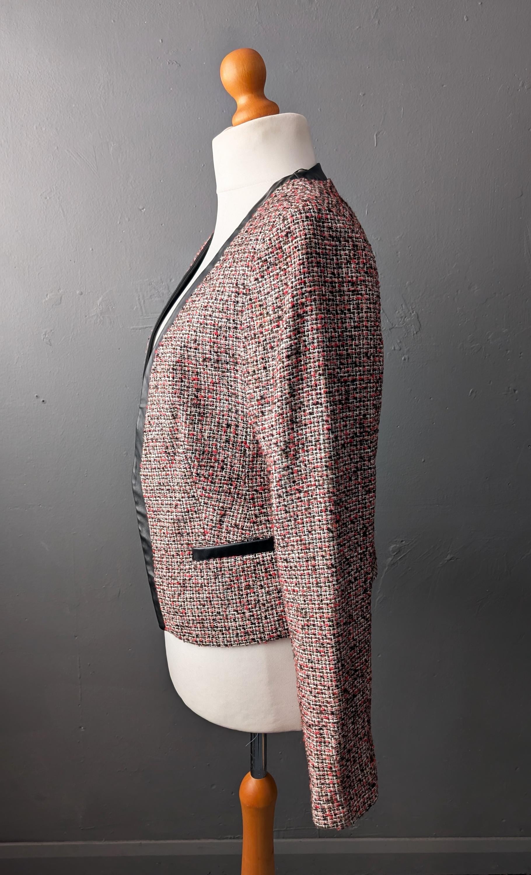 90s Phildar Tweed Jacket, Collarless Dress Blazer with Vegan Leather, Size Large