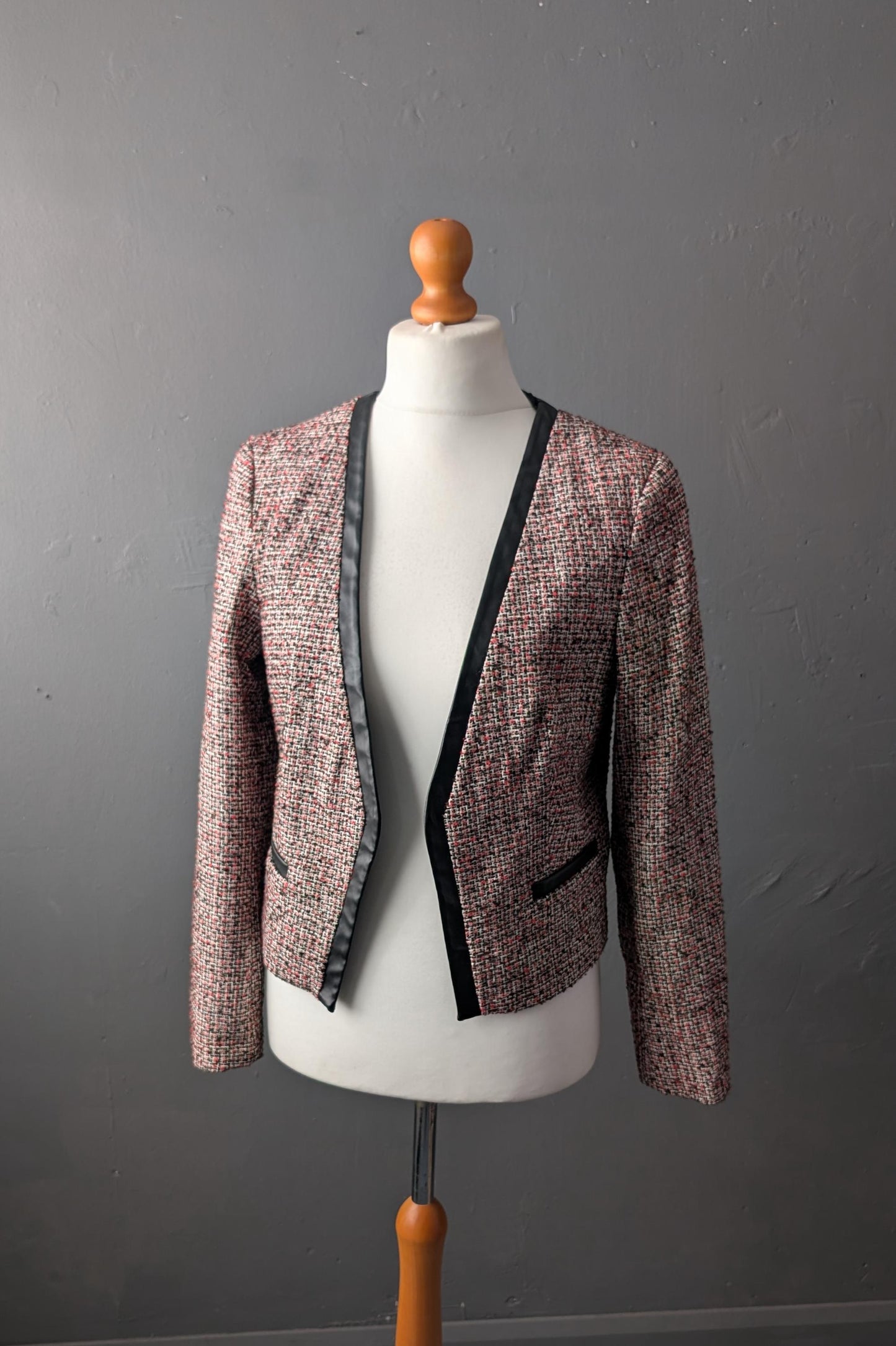 90s Phildar Tweed Jacket, Collarless Dress Blazer with Vegan Leather, Size Large