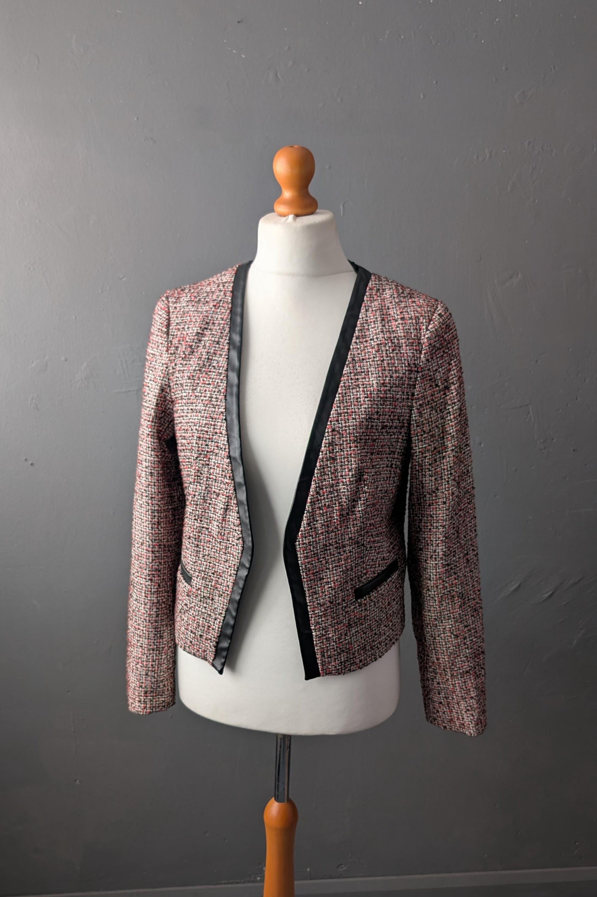 90s Phildar Tweed Jacket, Collarless Dress Blazer with Vegan Leather, Size Large