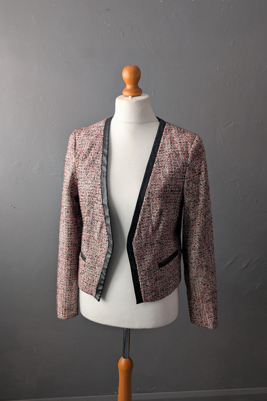 90s Phildar Tweed Jacket, Collarless Dress Blazer with Vegan Leather, Size Large